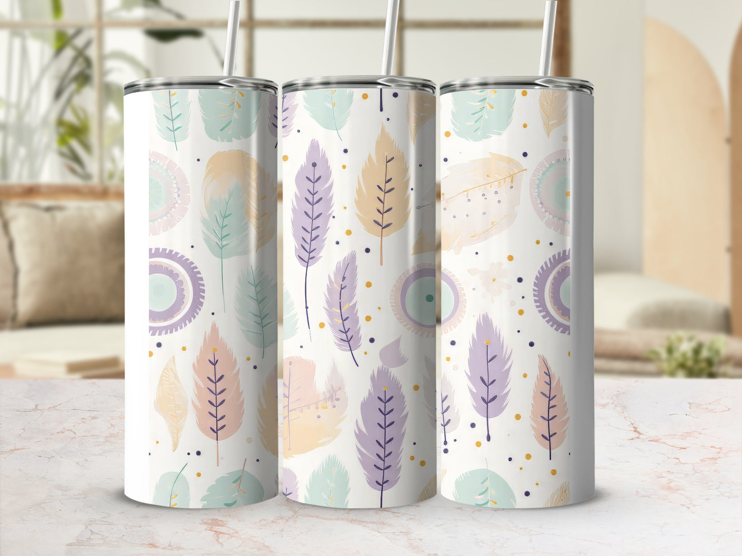 Pastel Colored Feather Pattern Tumbler Drinkware