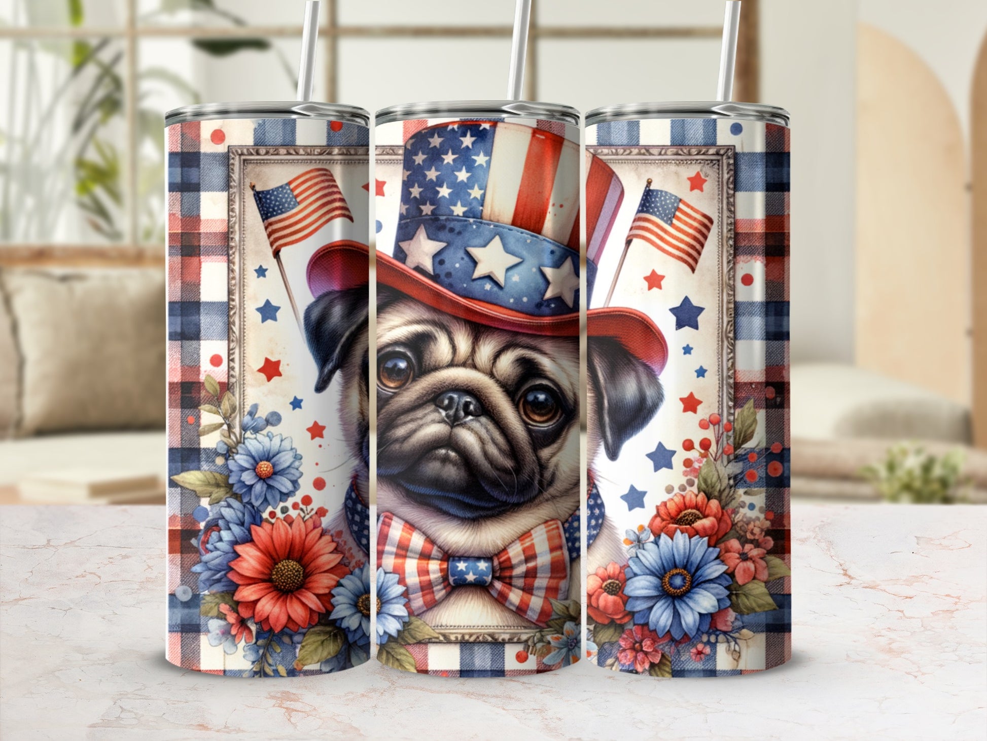 Patriotic pug in hat and bowtie with American flags and flowers.