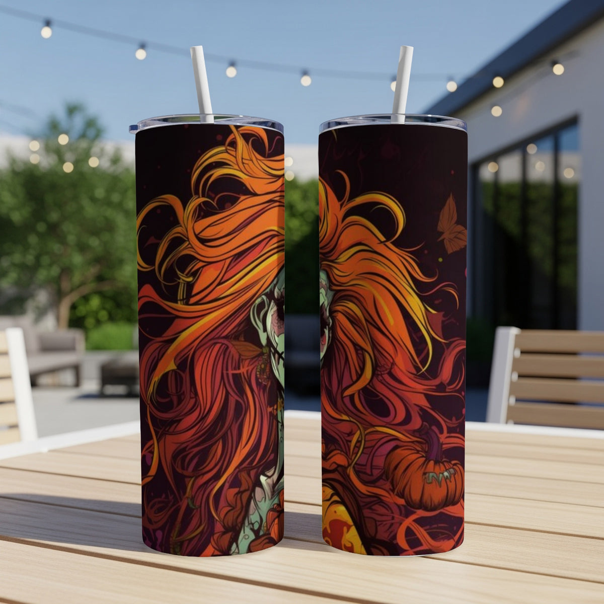 Two tumblers featuring a Halloween-themed design with a green-skinned woman and pumpkins.