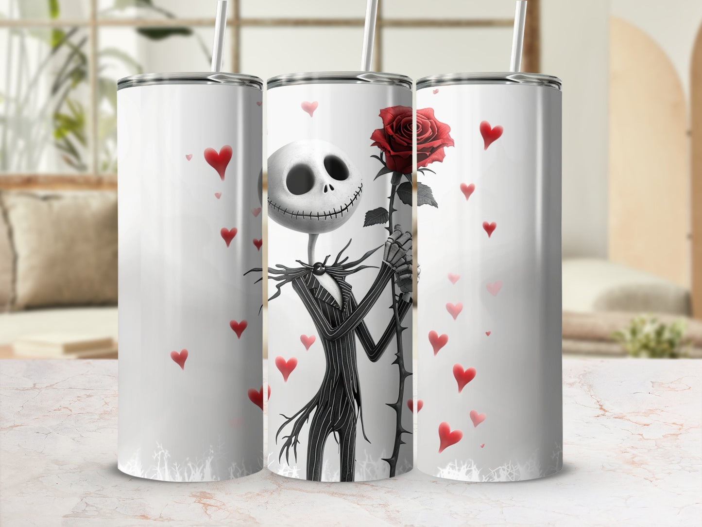Skeleton Character Holding Rose Design Tumbler