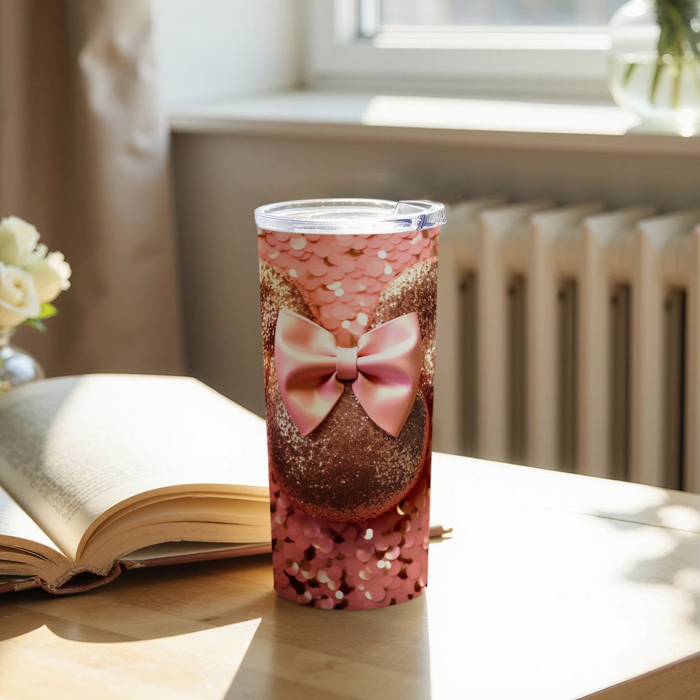Pink Glitter Bow Insulated Tumbler for Hot and Cold Beverages