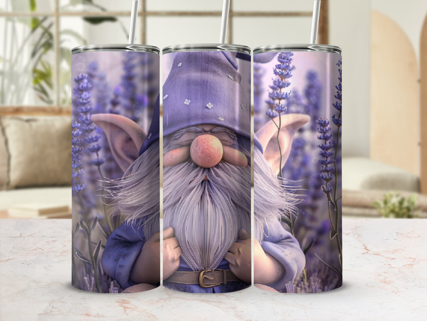 Gnome with purple hat and lavender background.