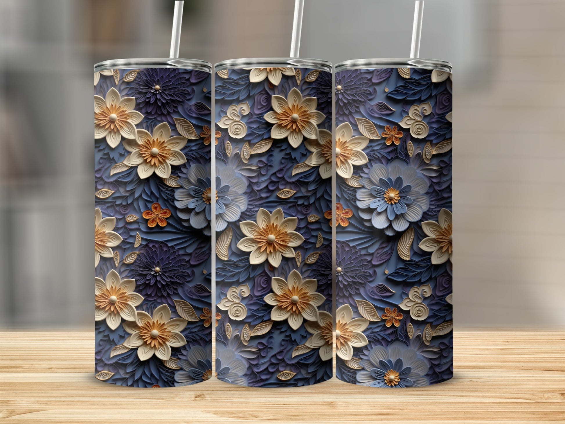Floral Patterned Insulated Tumblers with Straws