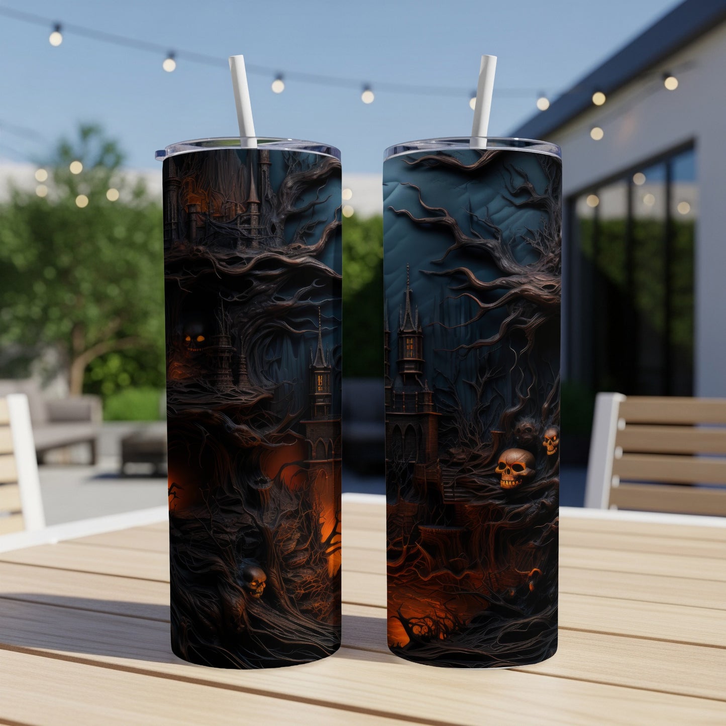 Two tumblers with a dark gothic castle and spooky skulls design.