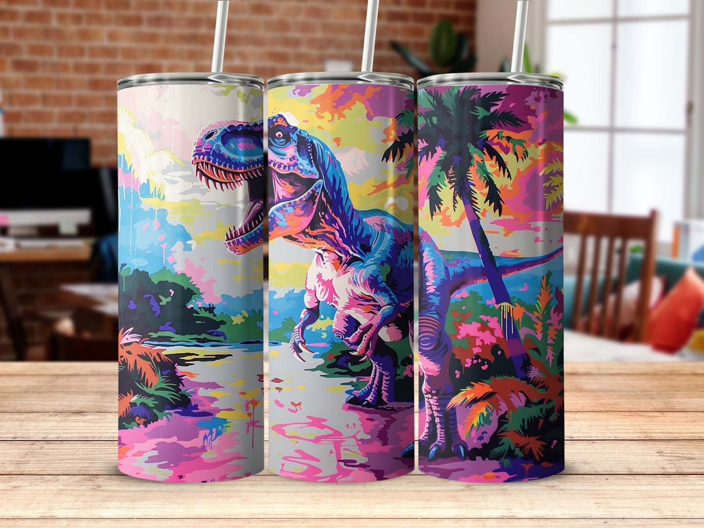 Colorful T-Rex Dinosaur Tropical Landscape Tumbler product type
Tumbler, Dinosaur, T-Rex, Pop Art, Vibrant, Colorful, Tropical, Jungle, Palm Trees, Neon, Dino, Prehistoric, Drinkware, Insulated, Travel Mug, Gift Idea, Unique Design, Bright Colors, Fantasy, Artistic