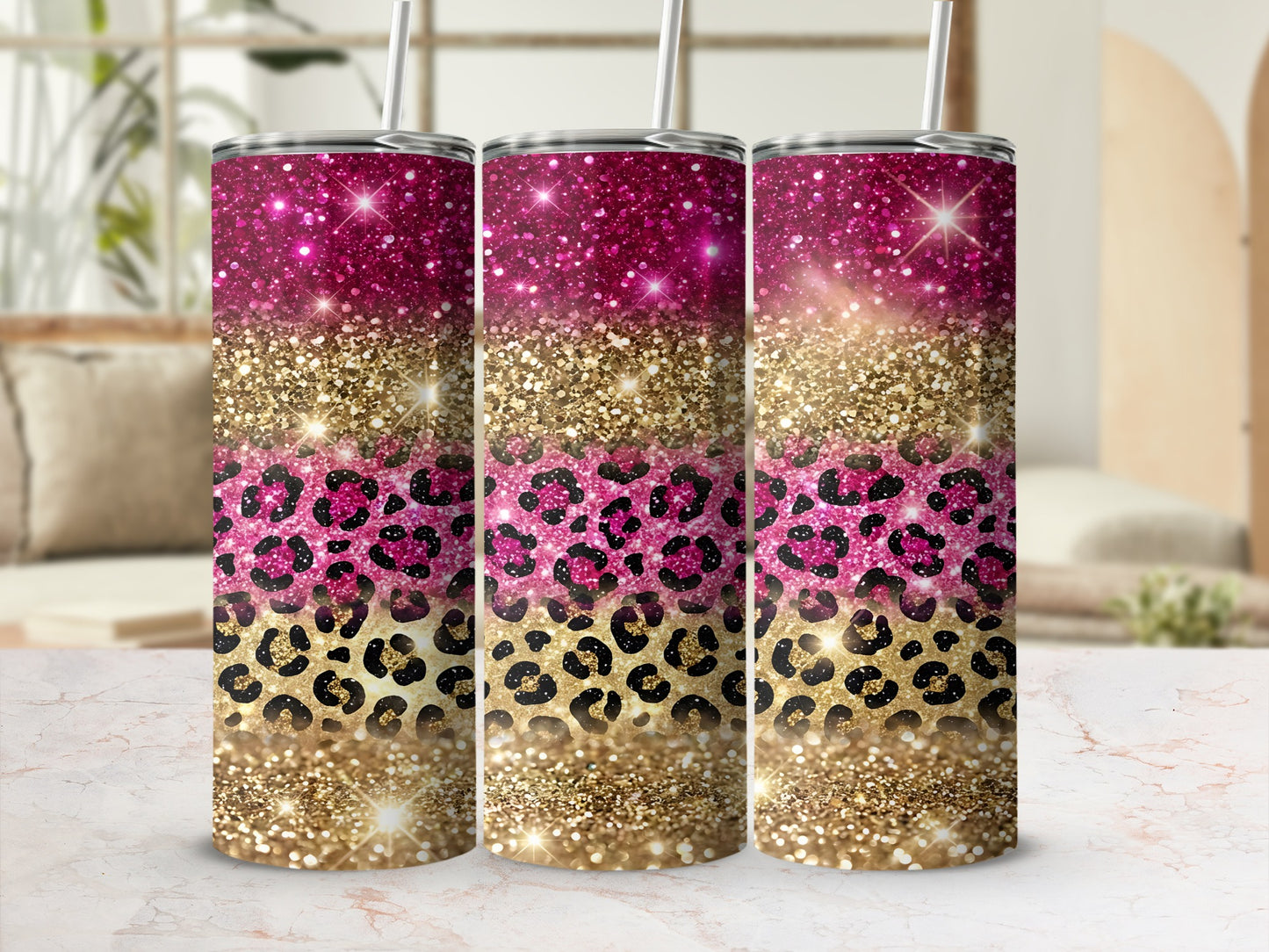 Pink and gold glitter leopard print tumbler with straw.