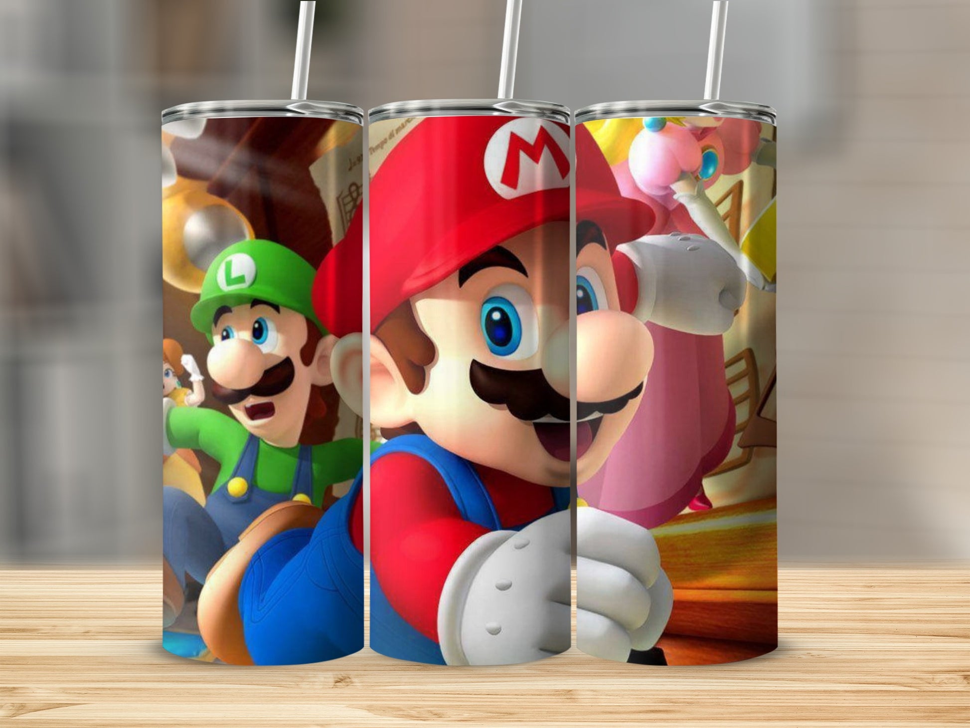 Mario Luigi and Peach Characters on a Tumbler Cup