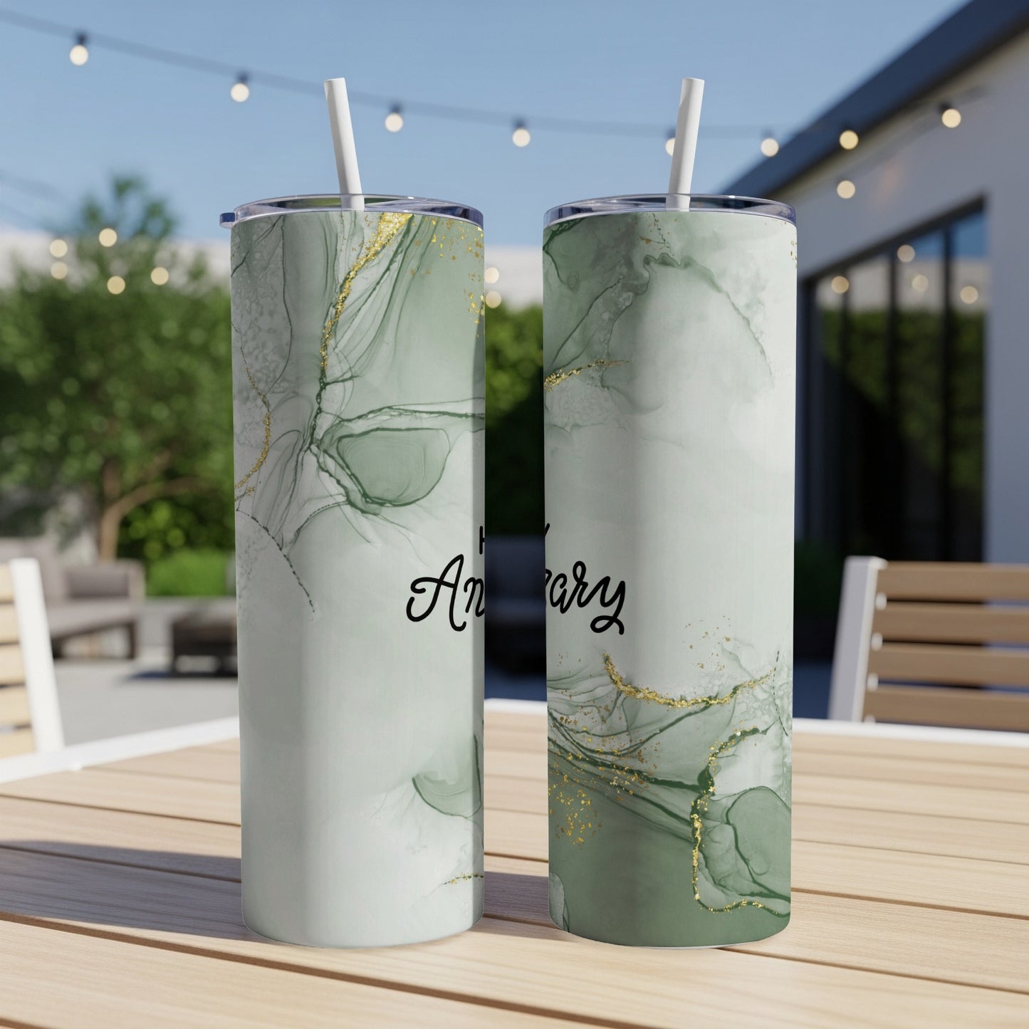Green marble tumbler with "Happy Anniversary" text and gold accents.
