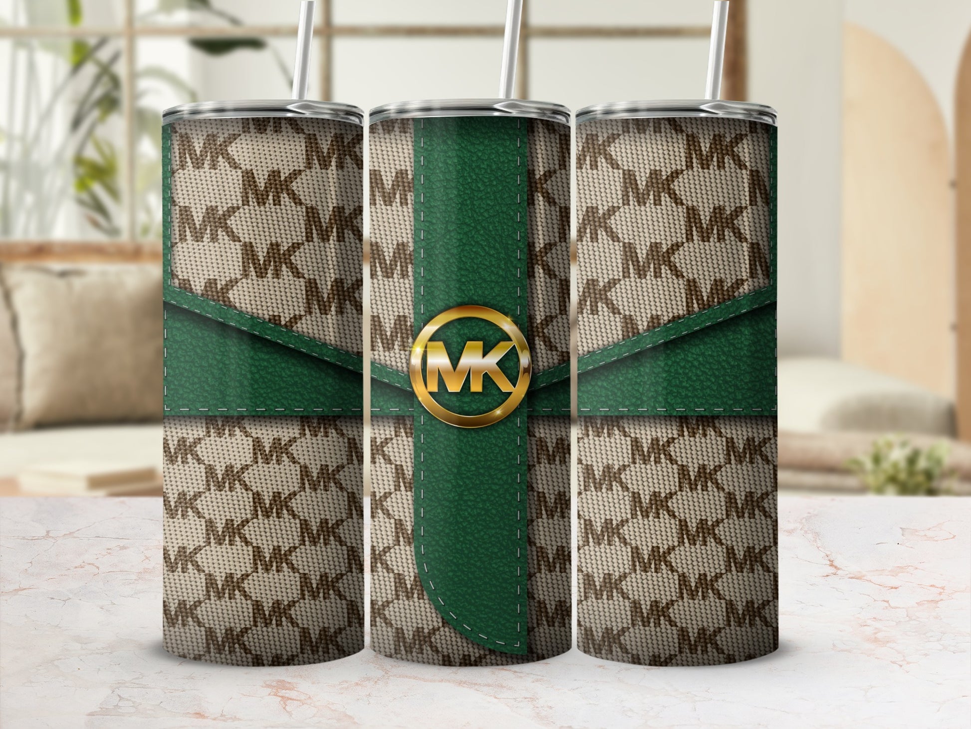 MK Monogram and Green Accent Tumbler Cup Style Design