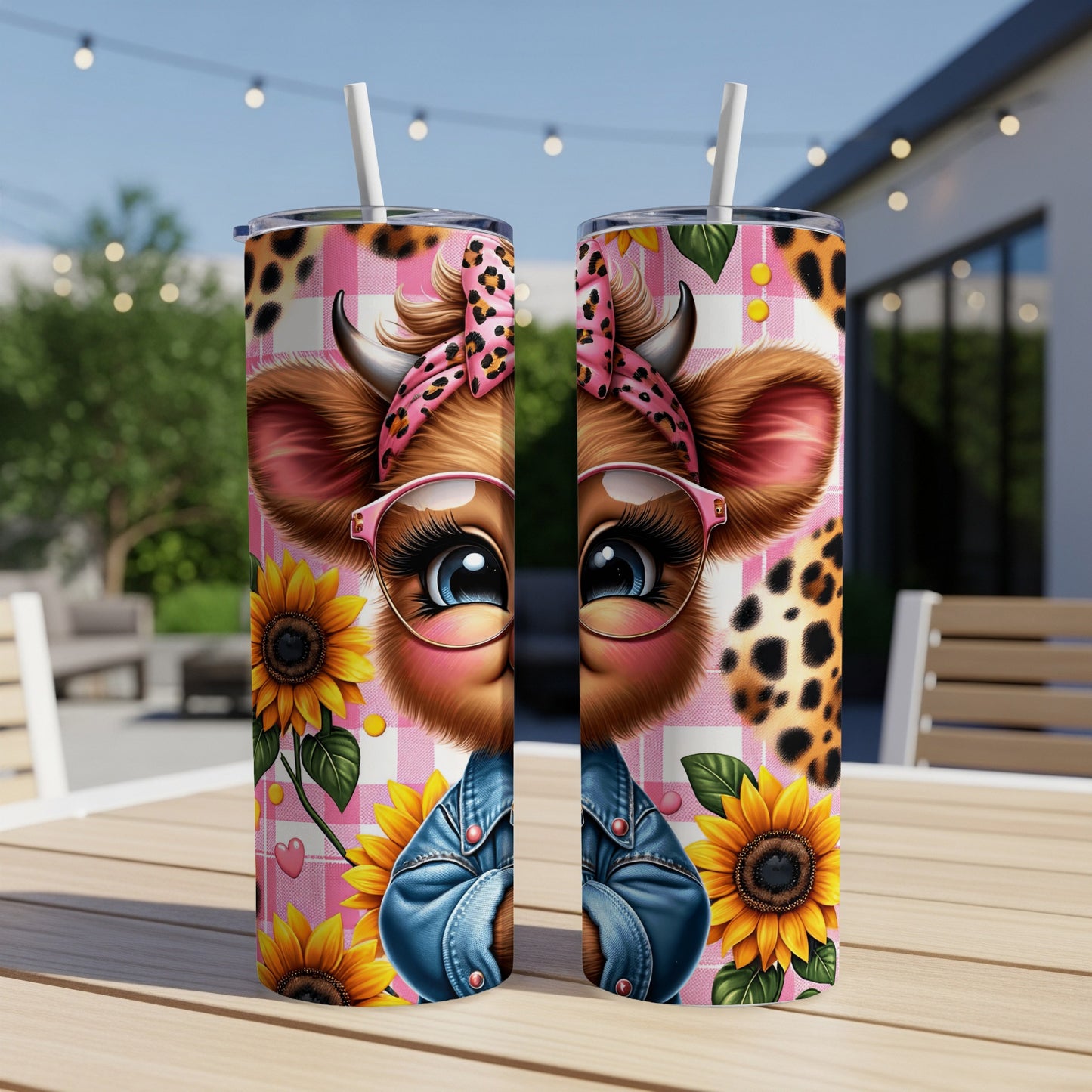 Cute cartoon cow with sunflowers on a pink plaid tumbler.
