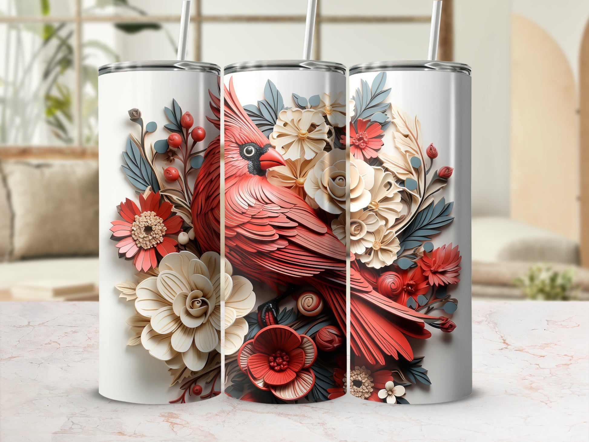 Three white tumblers with a detailed cardinal and floral design.