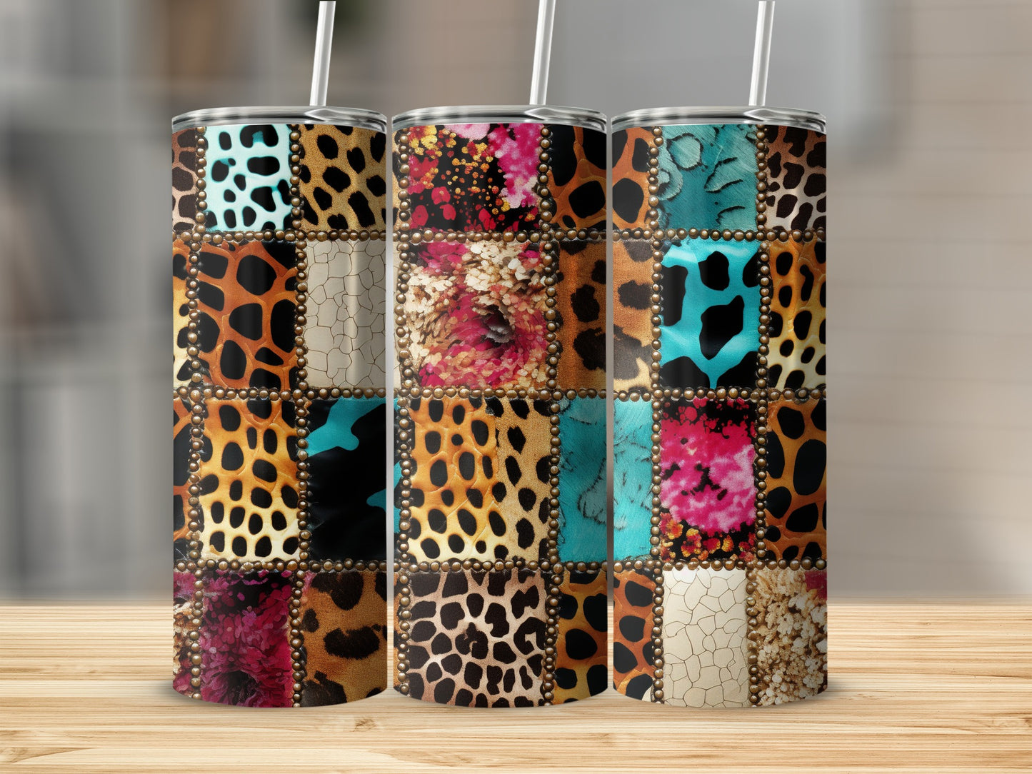 Three tumblers with patchwork designs of leopard print, animal fur, and floral patterns.