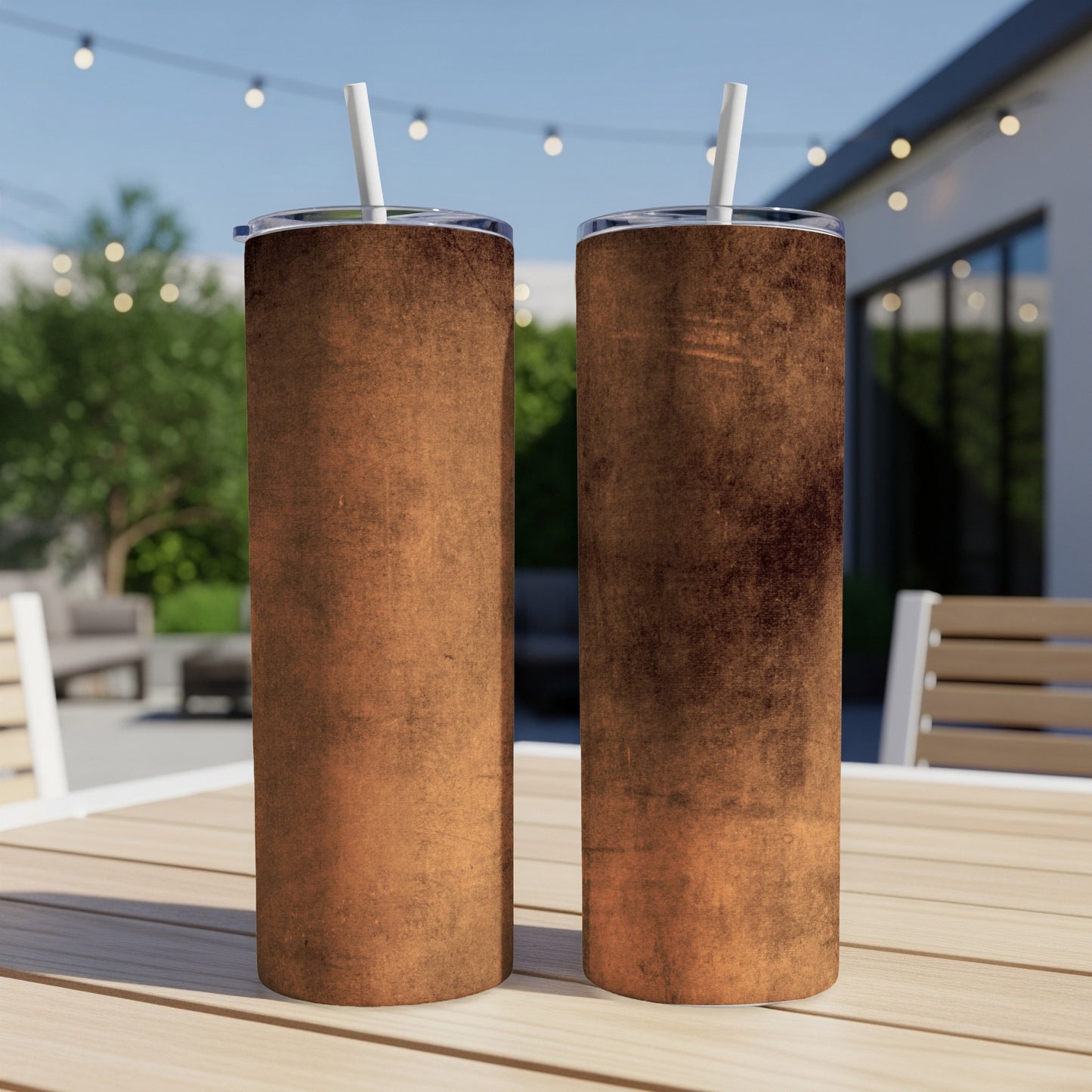 Two skinny tumblers with distressed brown pattern and white straws on a table.