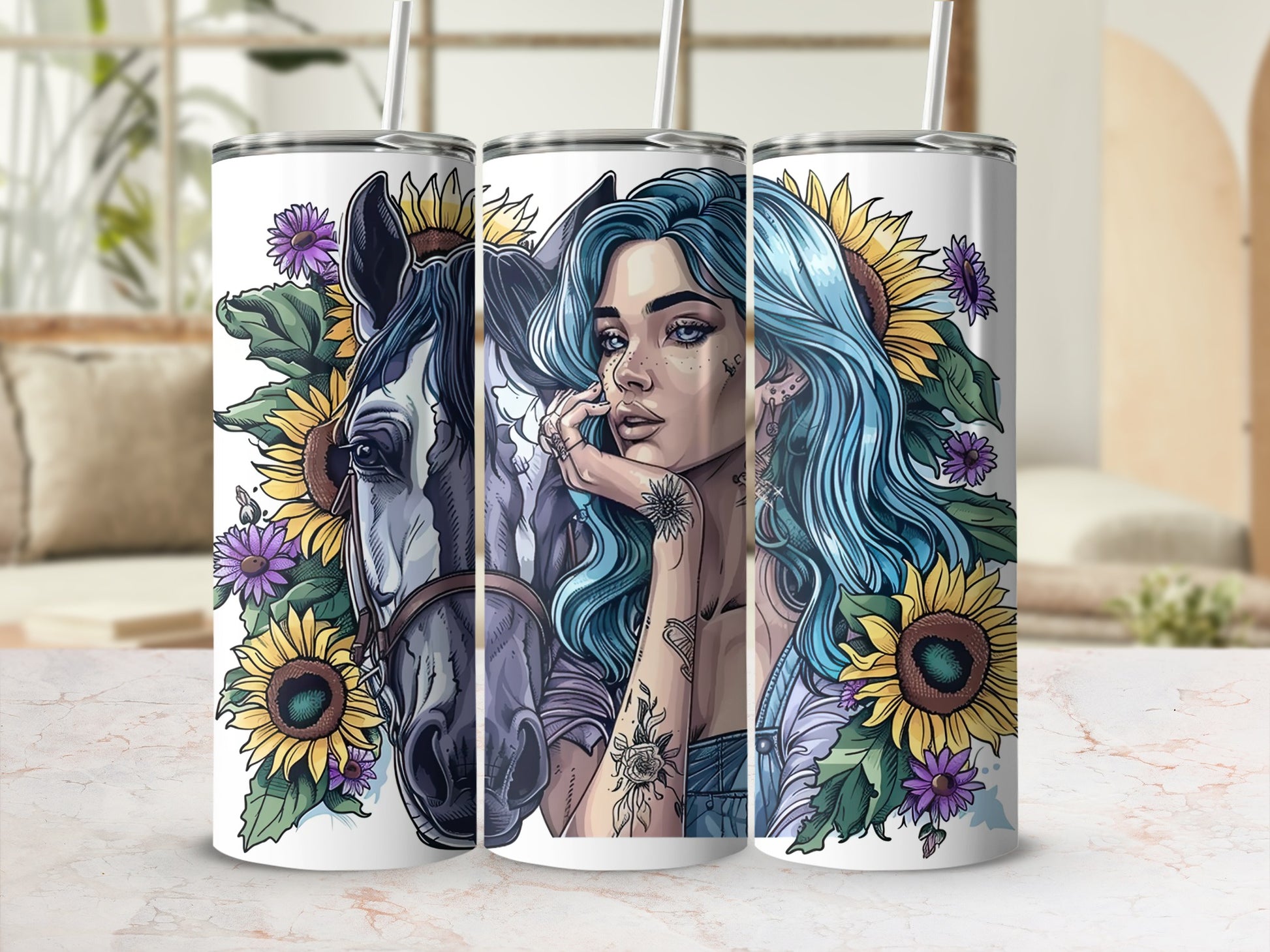 Tumbler featuring a woman with blue hair and a horse, surrounded by sunflowers.