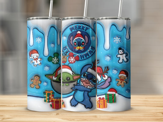 Merry Stichmas with Snowflakes and Cute Characters Tumbler