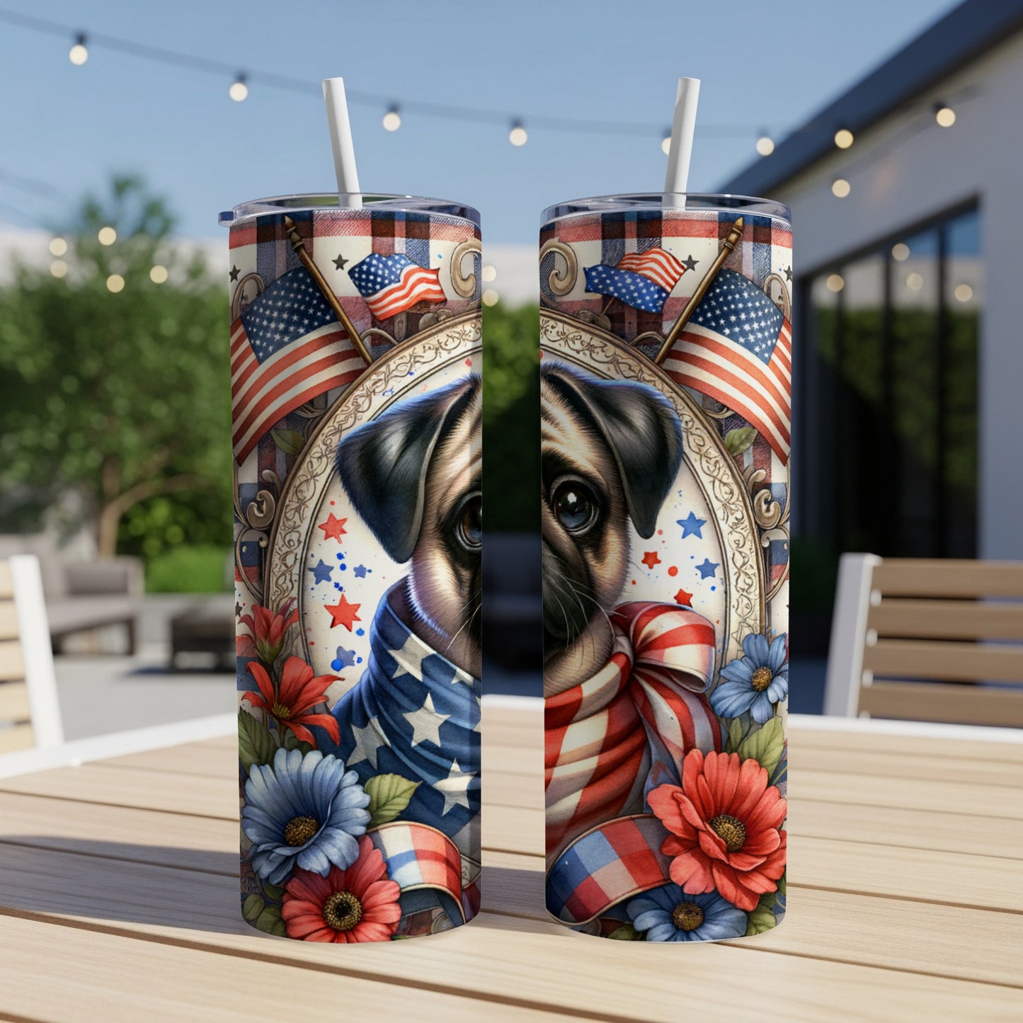 Dog in patriotic bandana and flowers on a patriotic themed tumbler.