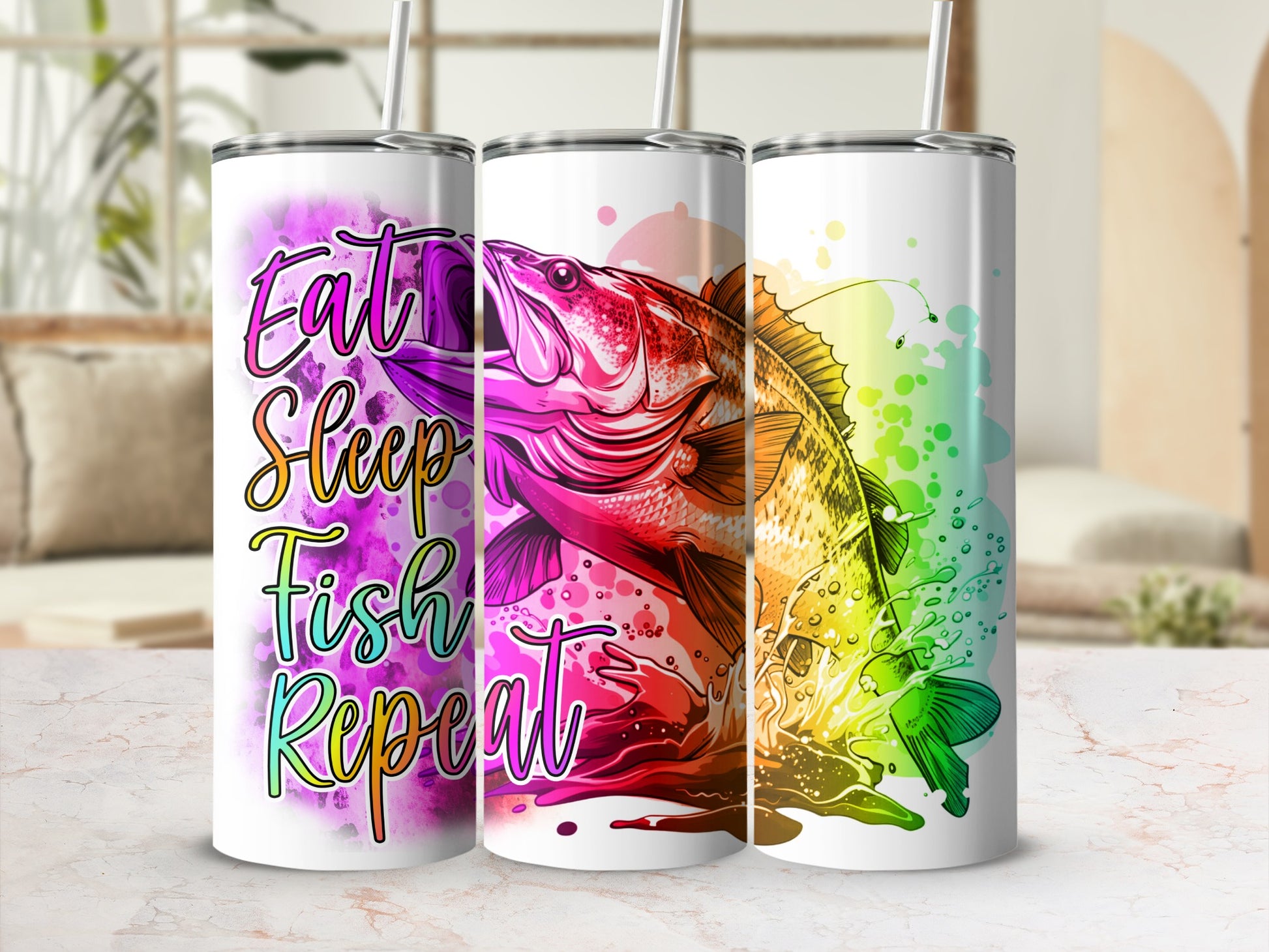 Three tumblers with "Eat Sleep Fish Repeat" and colorful fish designs.