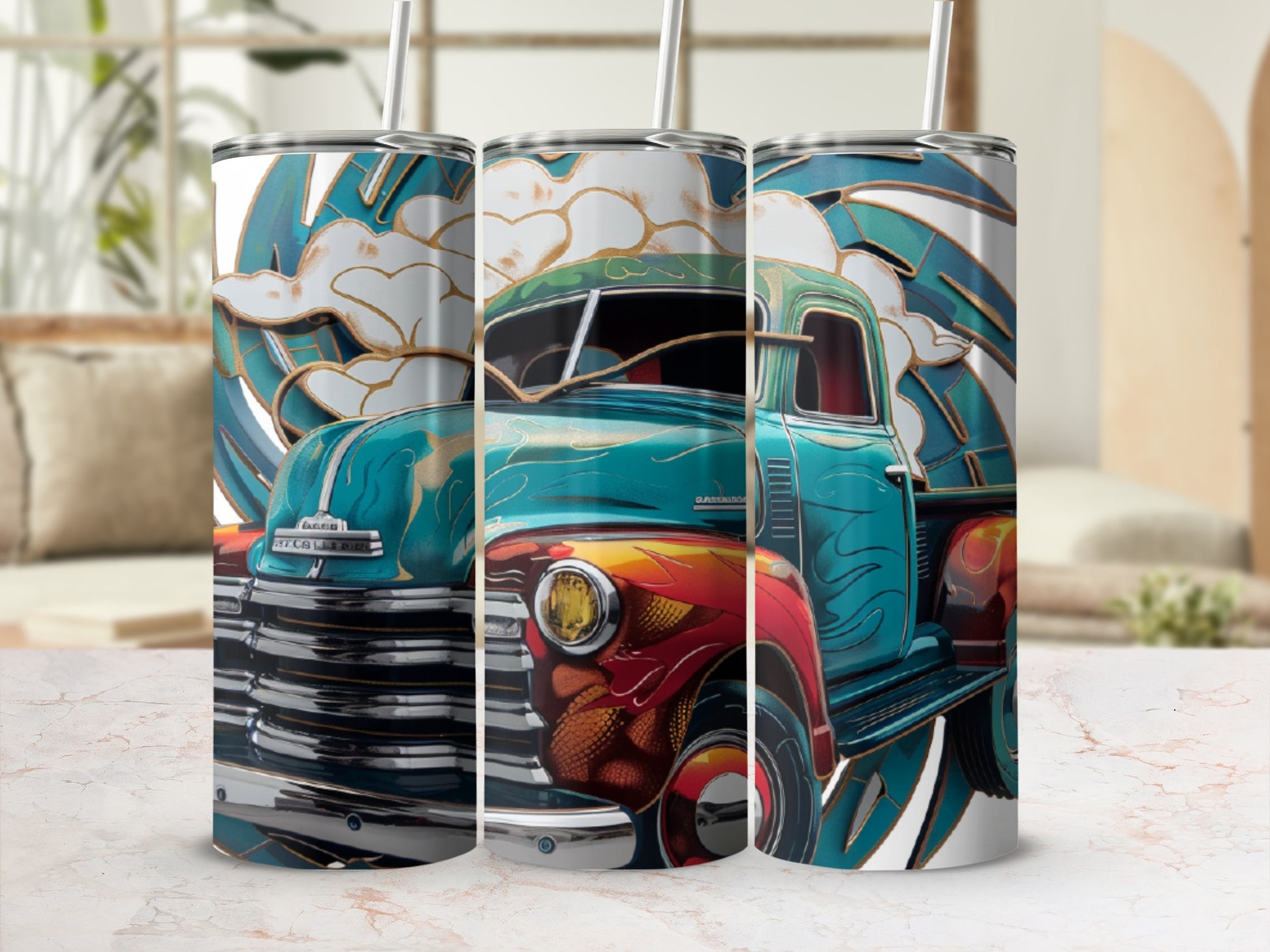Three tumblers featuring a teal vintage pickup truck with clouds and floral accents.