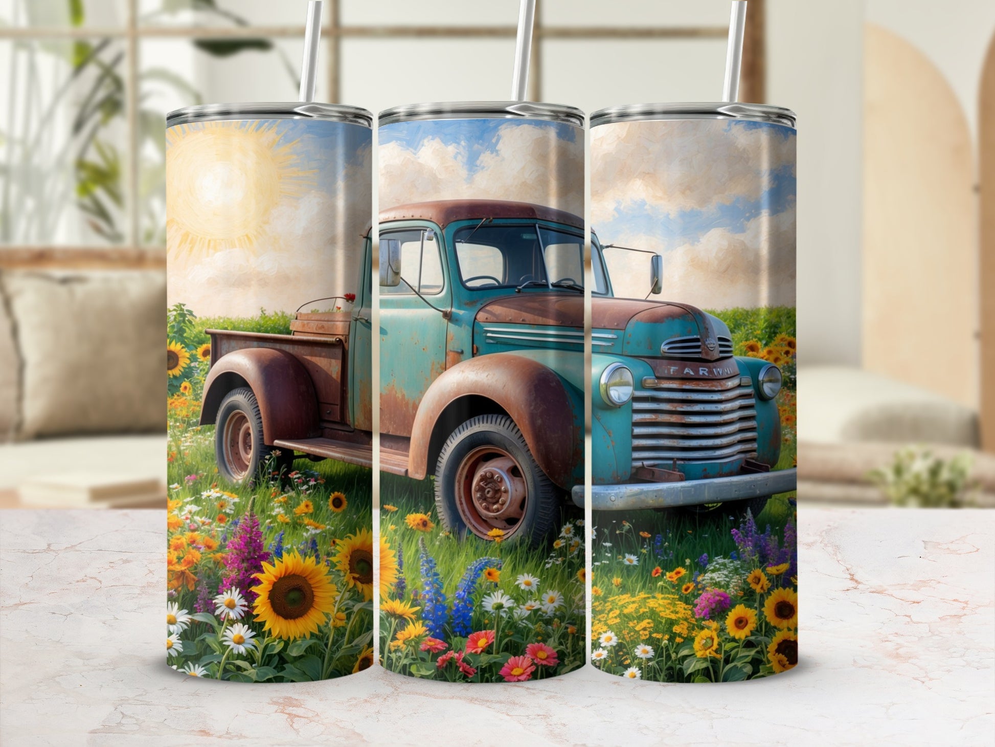 Rusty teal vintage truck in a field of sunflowers and wildflowers.