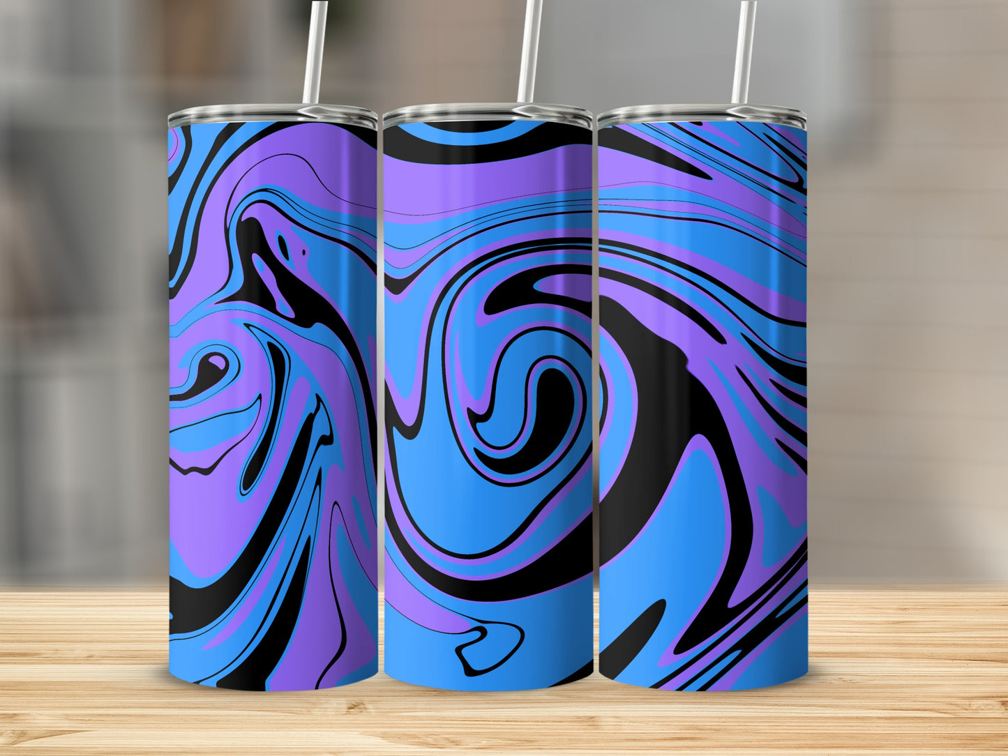 Vibrant Abstract Swirl Design Tumbler Cups on Display