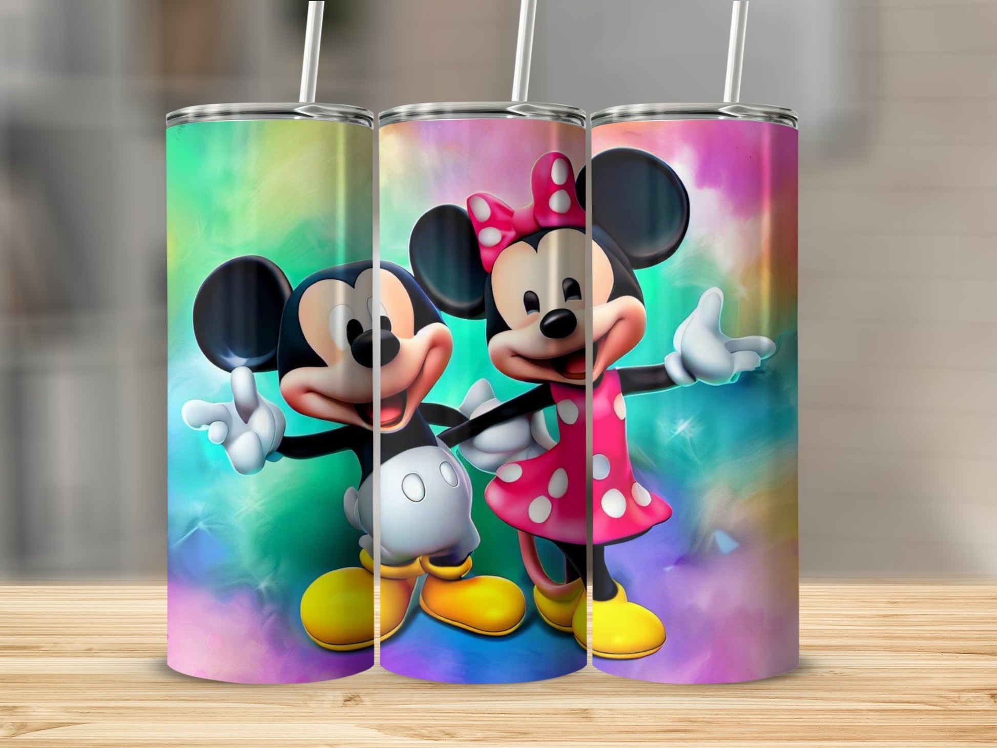 Colorful Mickey and Minnie Mouse stainless steel tumbler