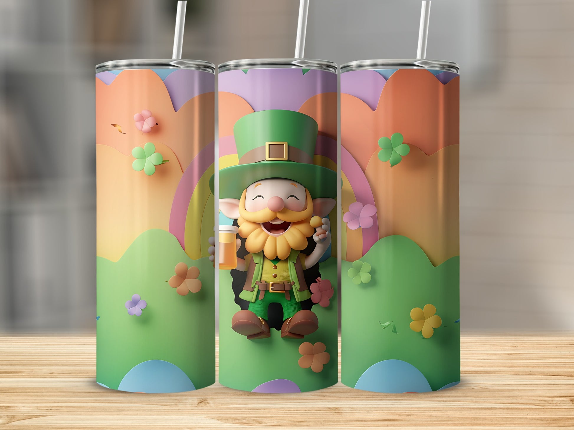 Leprechaun character on a rainbow and shamrock themed tumbler.