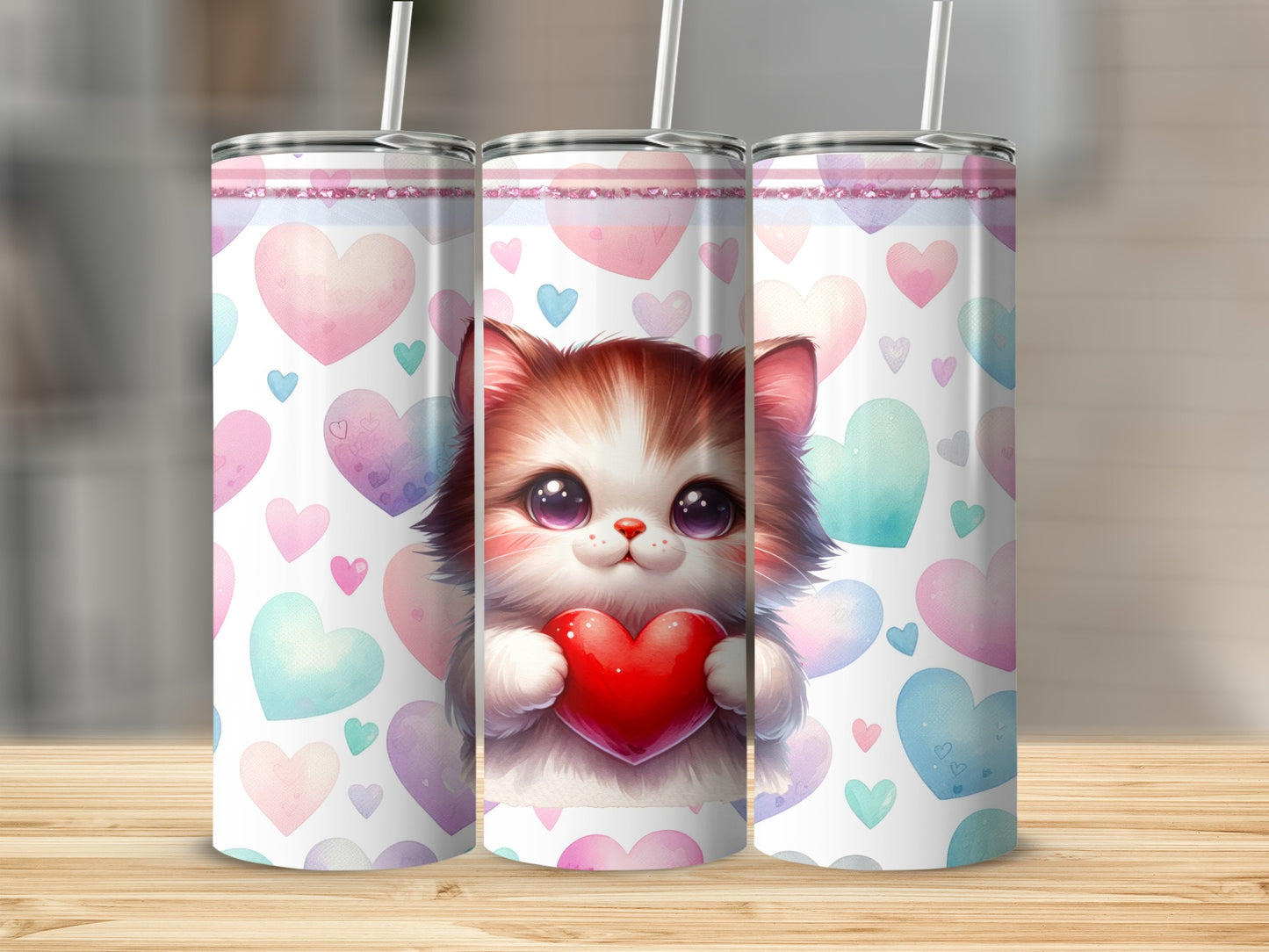 Cute kitten holding a red heart with pastel hearts background.