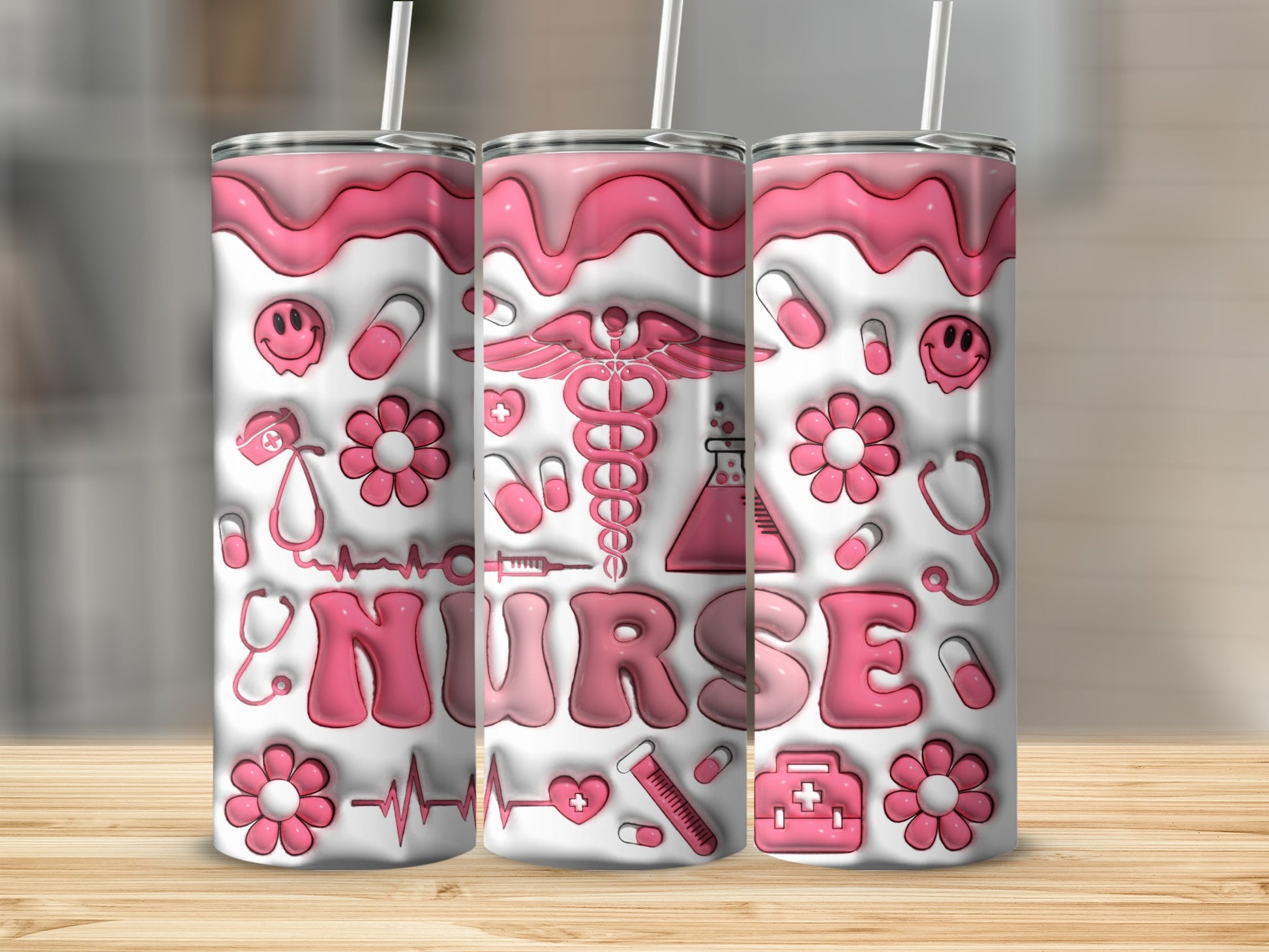 Pink and white nurse themed tumbler with medical icons and smiley faces.