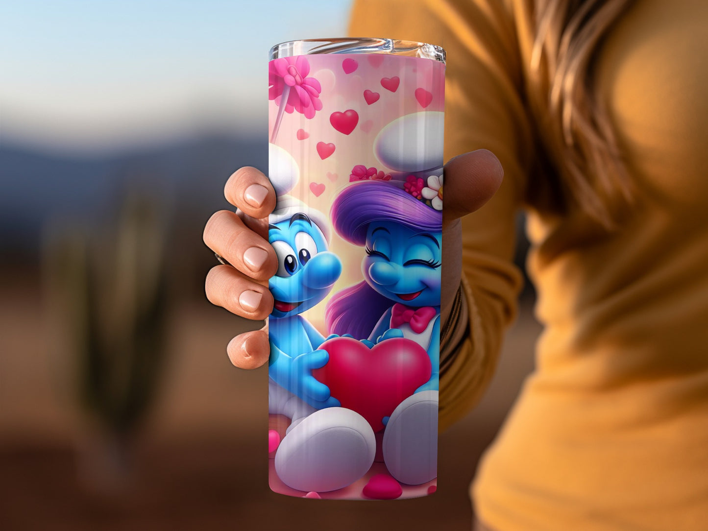 Colorful Blue Cartoon Characters with Hearts Tumbler