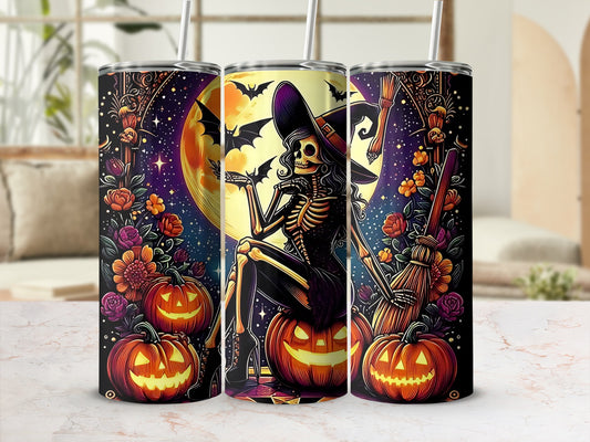Three tumblers with Halloween skeleton witch, pumpkins, flowers, moon, and bats design.