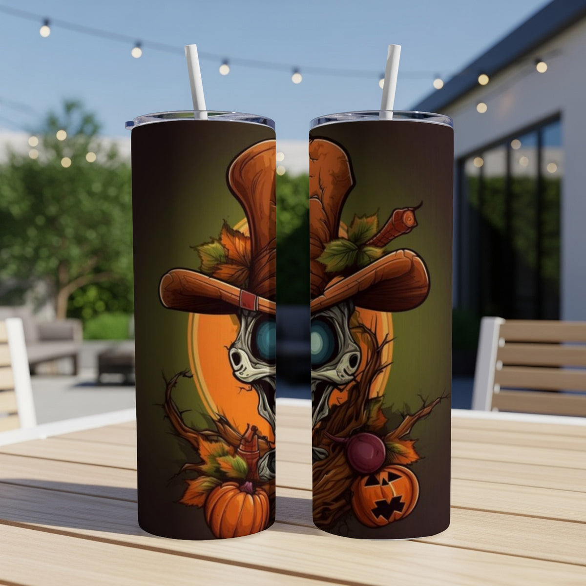 Two tumblers featuring a Halloween scarecrow design with pumpkins and fall leaves.