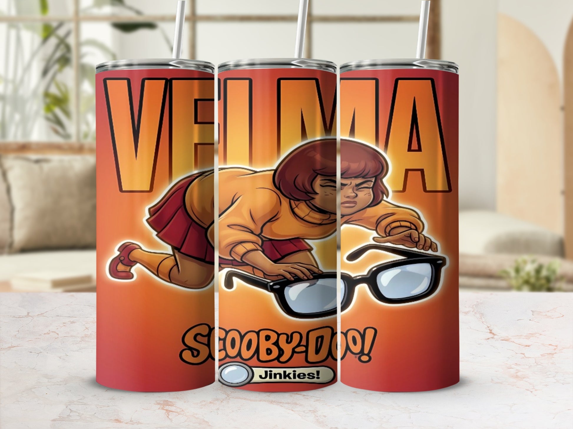 Velma in Scooby-Doo! Jinkies! design on a tumbler.
