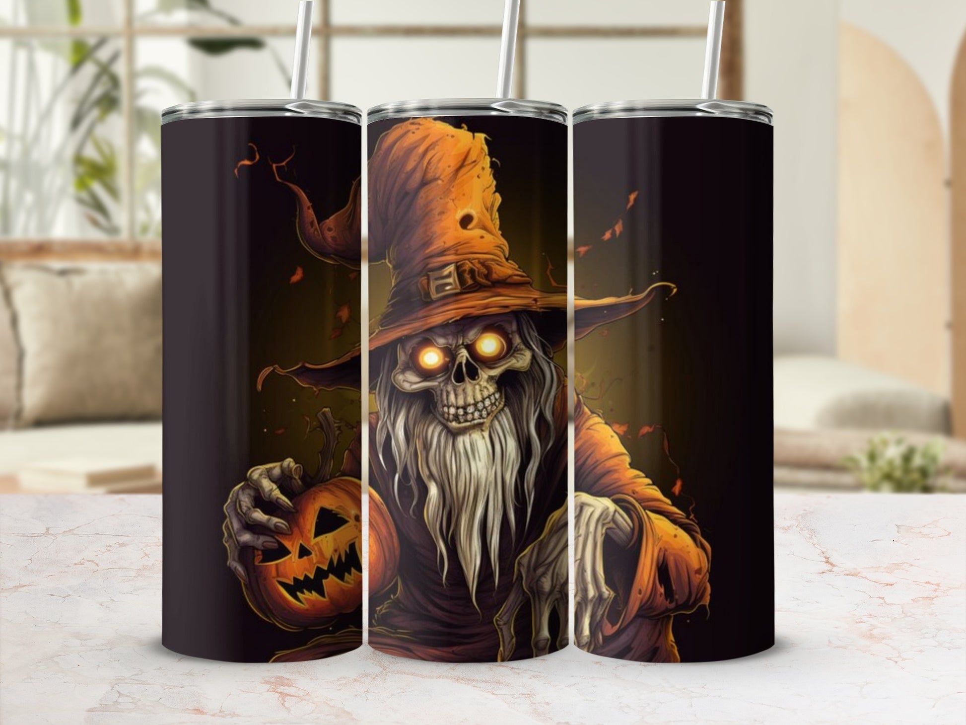 Halloween Skeleton Wizard with Pumpkin Tumbler Cup