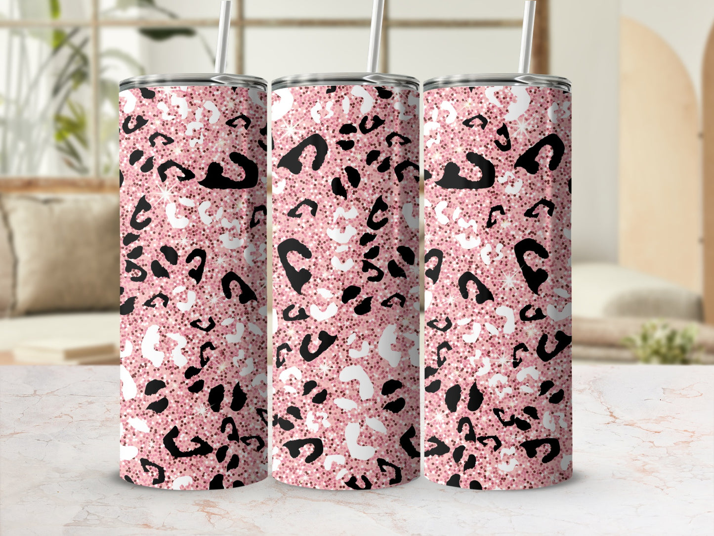 Sparkling Pink Leopard Print Drink Tumblers Set of Three
