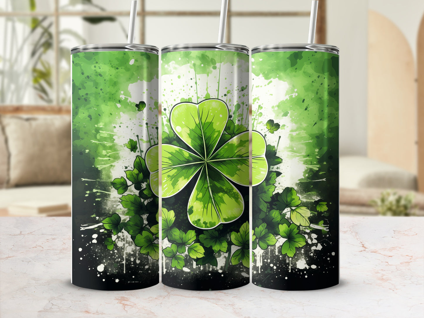 Green four-leaf clover tumbler with speckled background and straw.