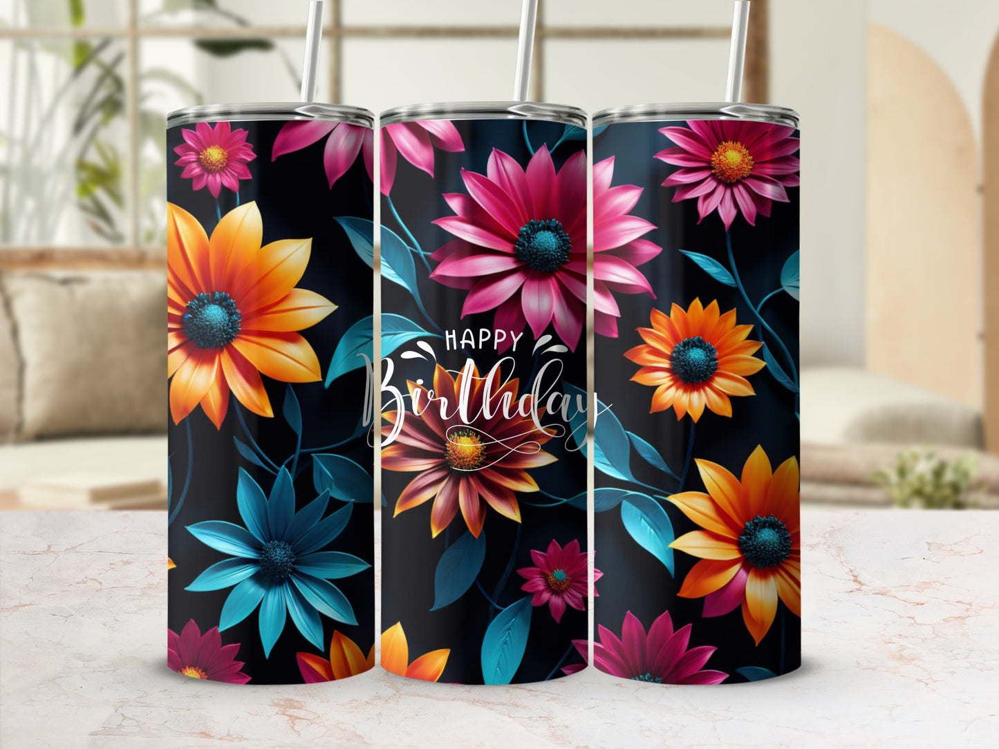 Tumbler with "Happy Birthday" text and vibrant floral designs.