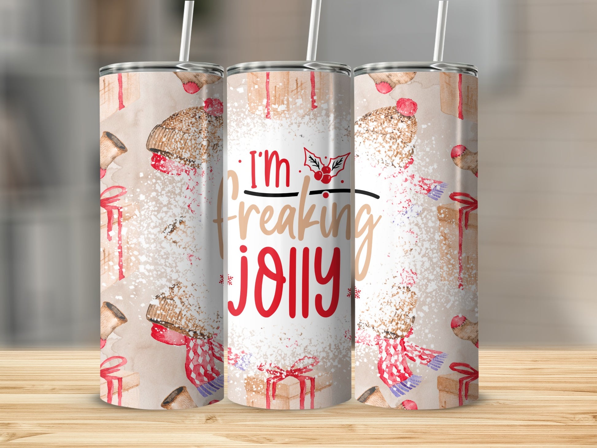 Triptych of tumblers with "I'm Freaking Jolly" text and festive holiday graphics.