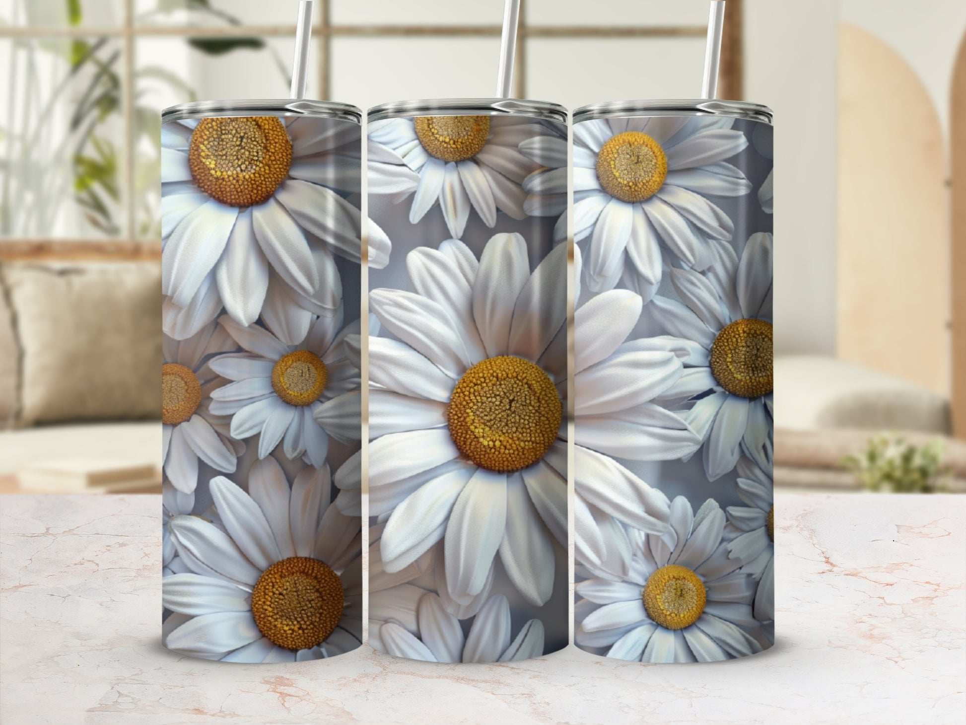 Three tumblers with a close-up daisy floral pattern.