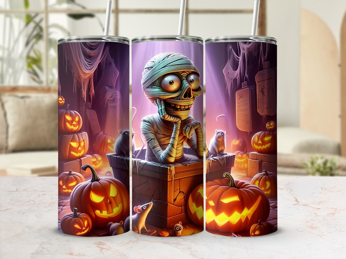 Three tumblers with a mummy, pumpkins, and mice Halloween design.