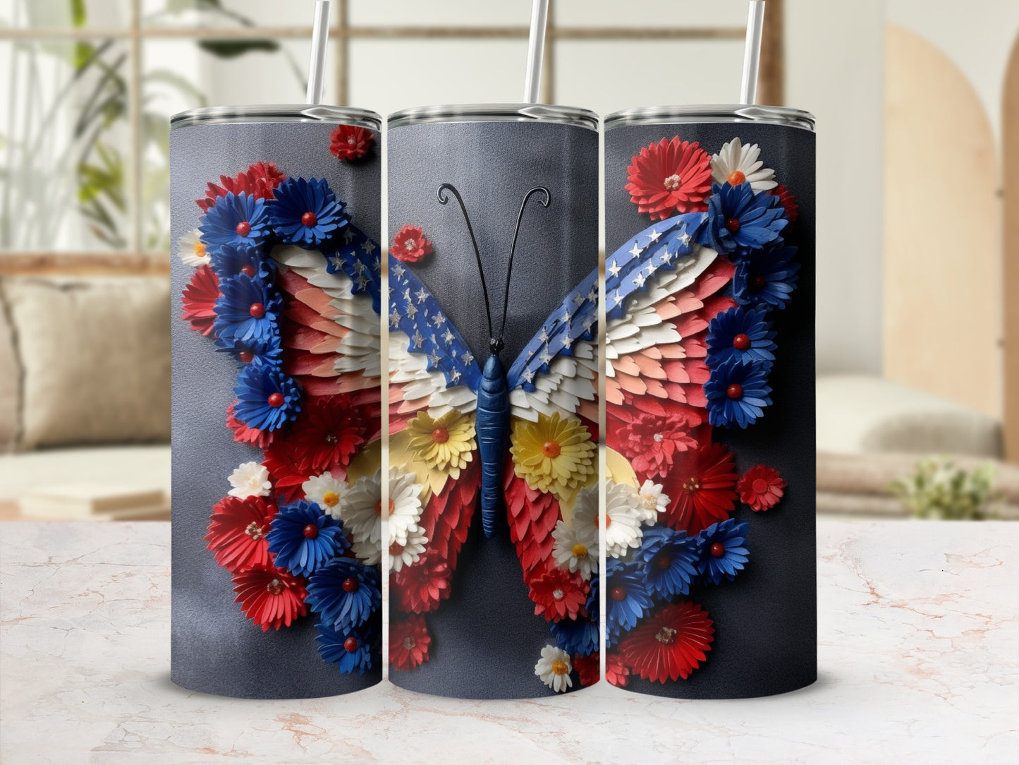 Triptych of tumblers featuring a butterfly with US flag wings surrounded by red, white, and blue flowers.
