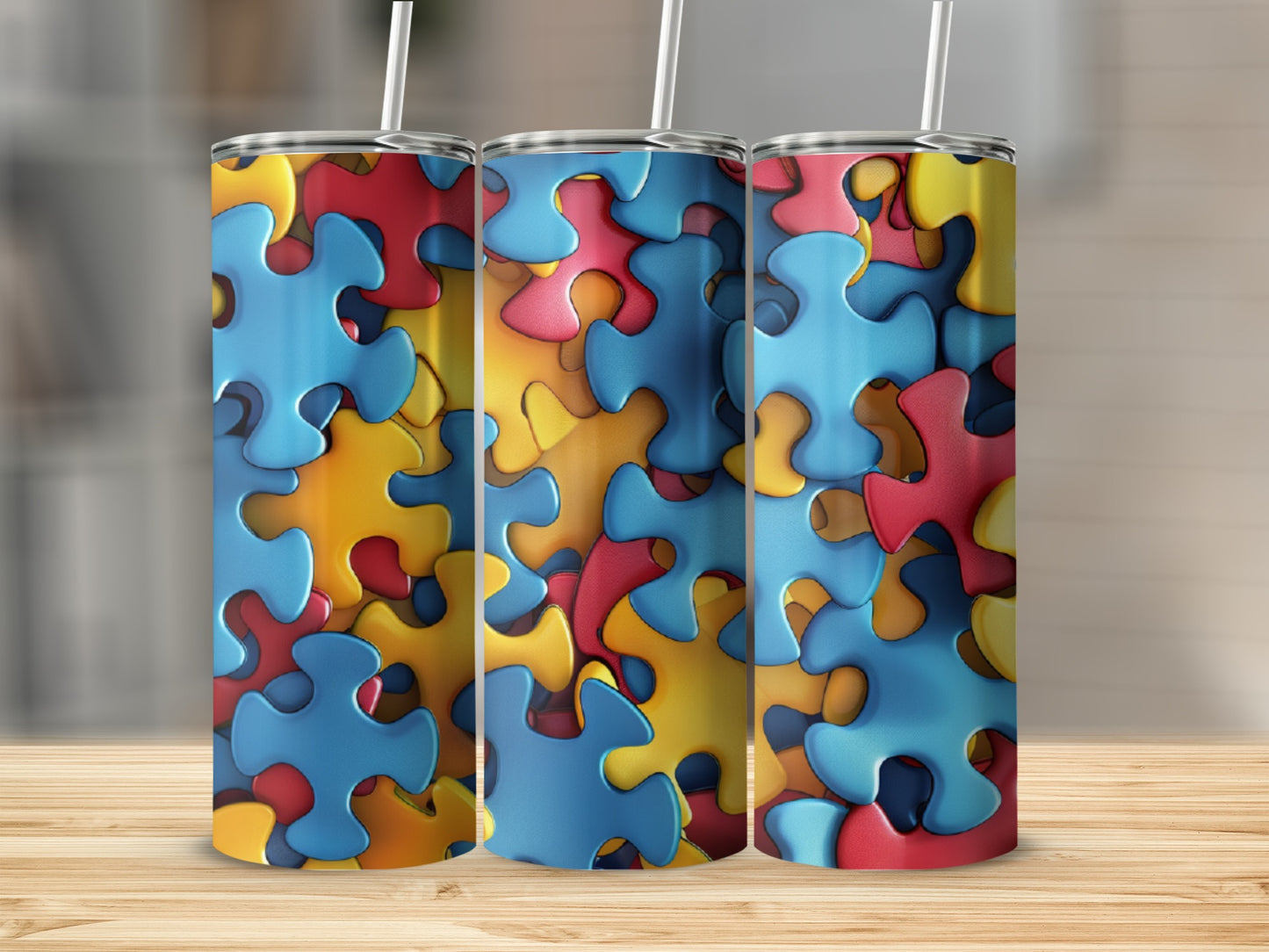 Three tumblers with a colorful puzzle piece design.