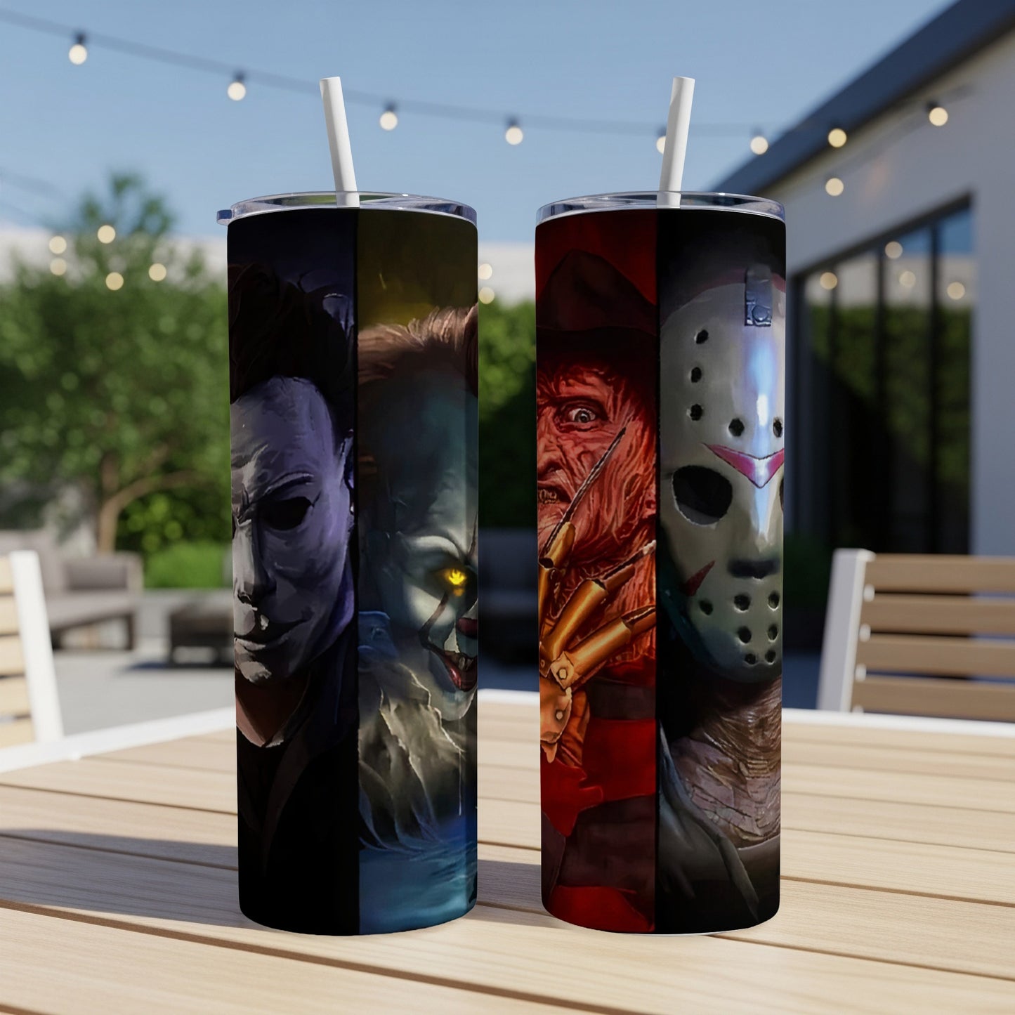 Horror movie icons Michael Myers, Pennywise, Freddy Krueger, and Jason Voorhees on a tumbler.