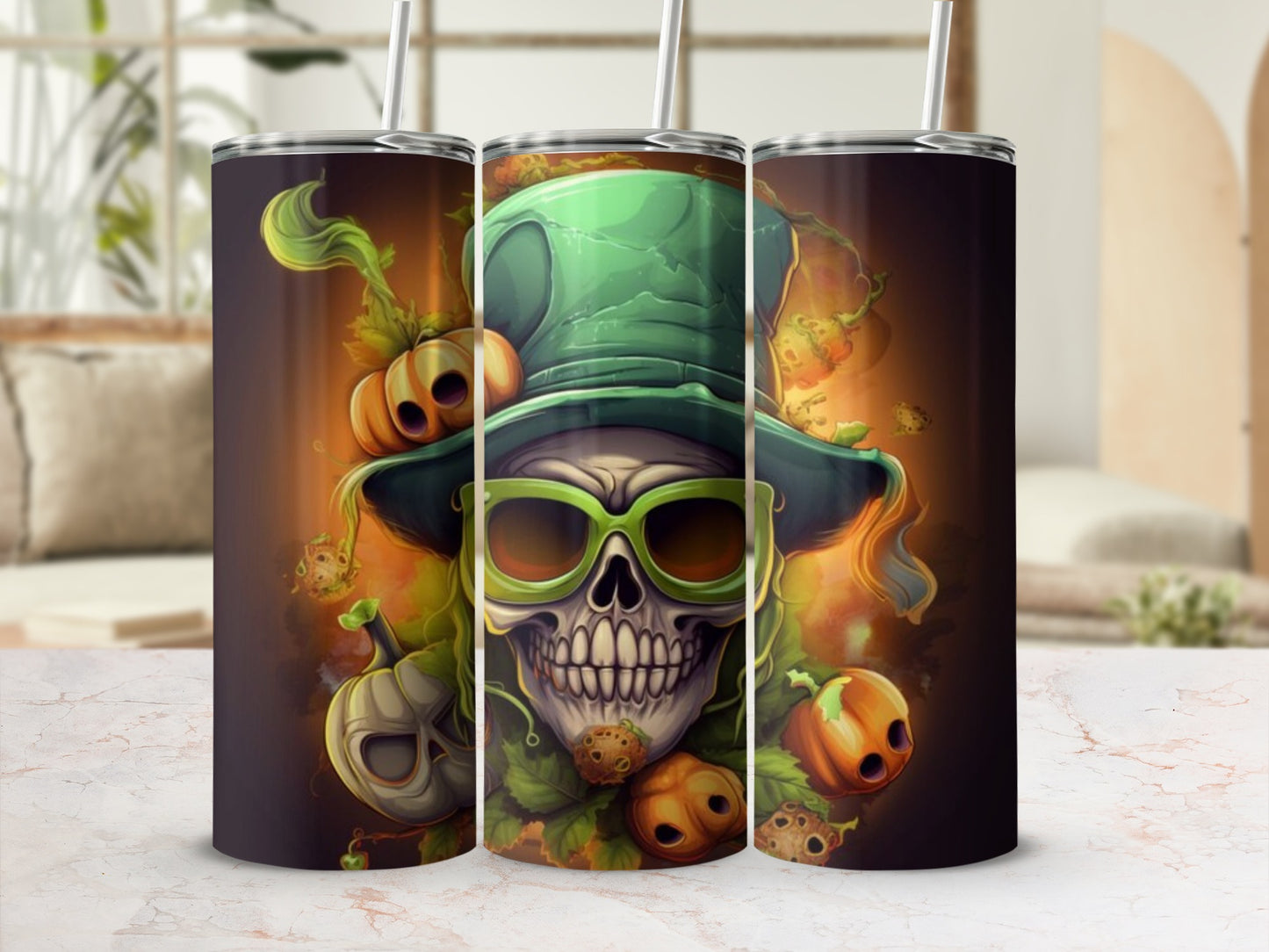 Skull with Green Hat and Sunglasses Halloween Scene Tumblers
