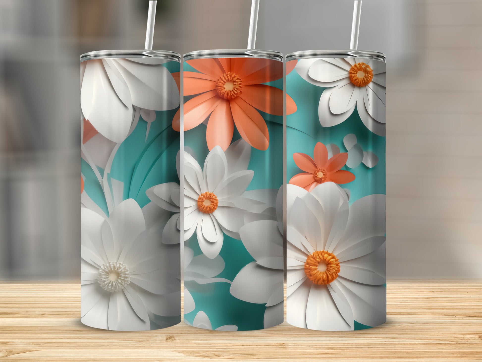 Floral Design Stainless Steel Tumbler with Straw