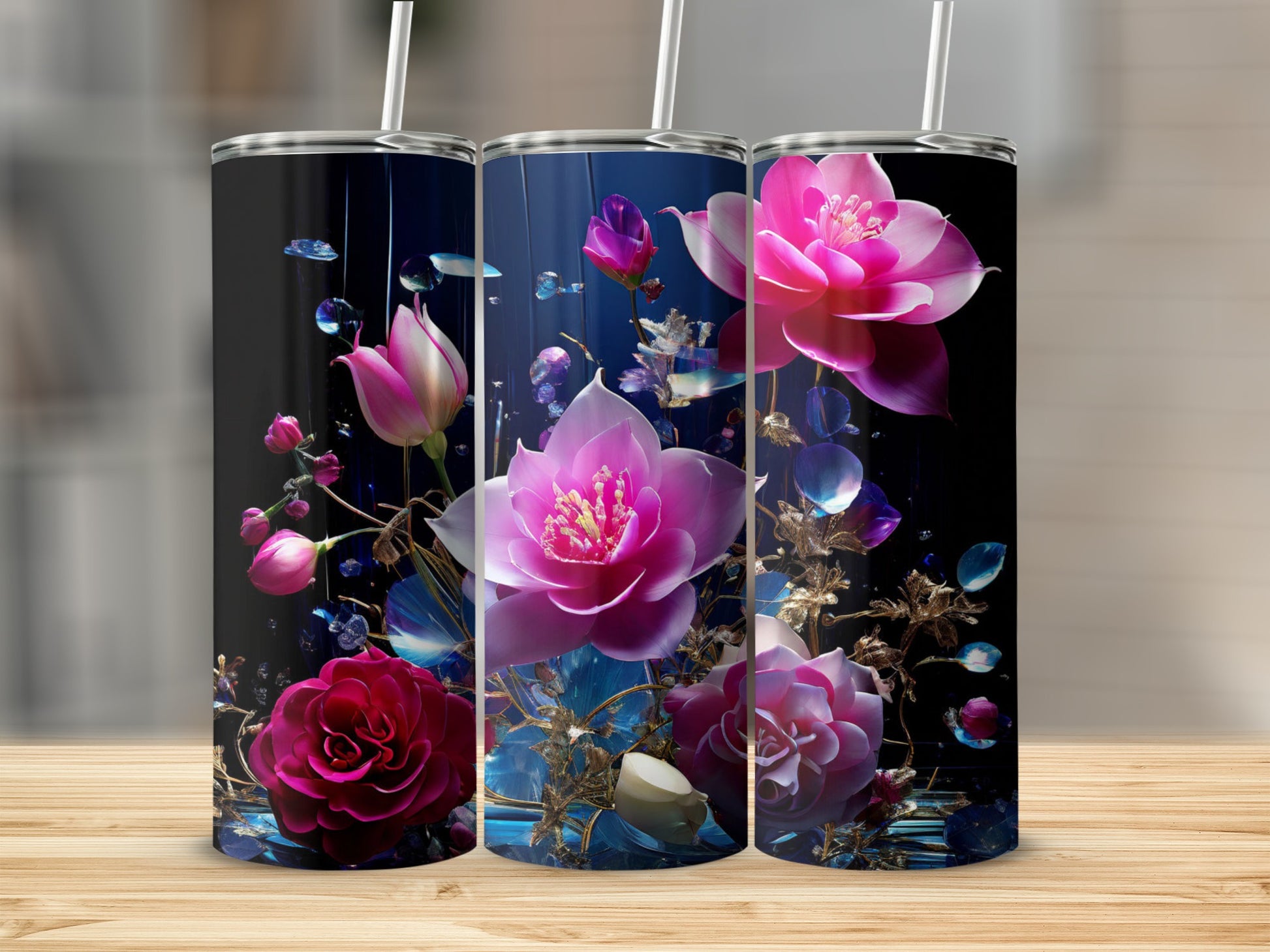 Three tumblers featuring vibrant pink and fuchsia floral designs with water droplets.