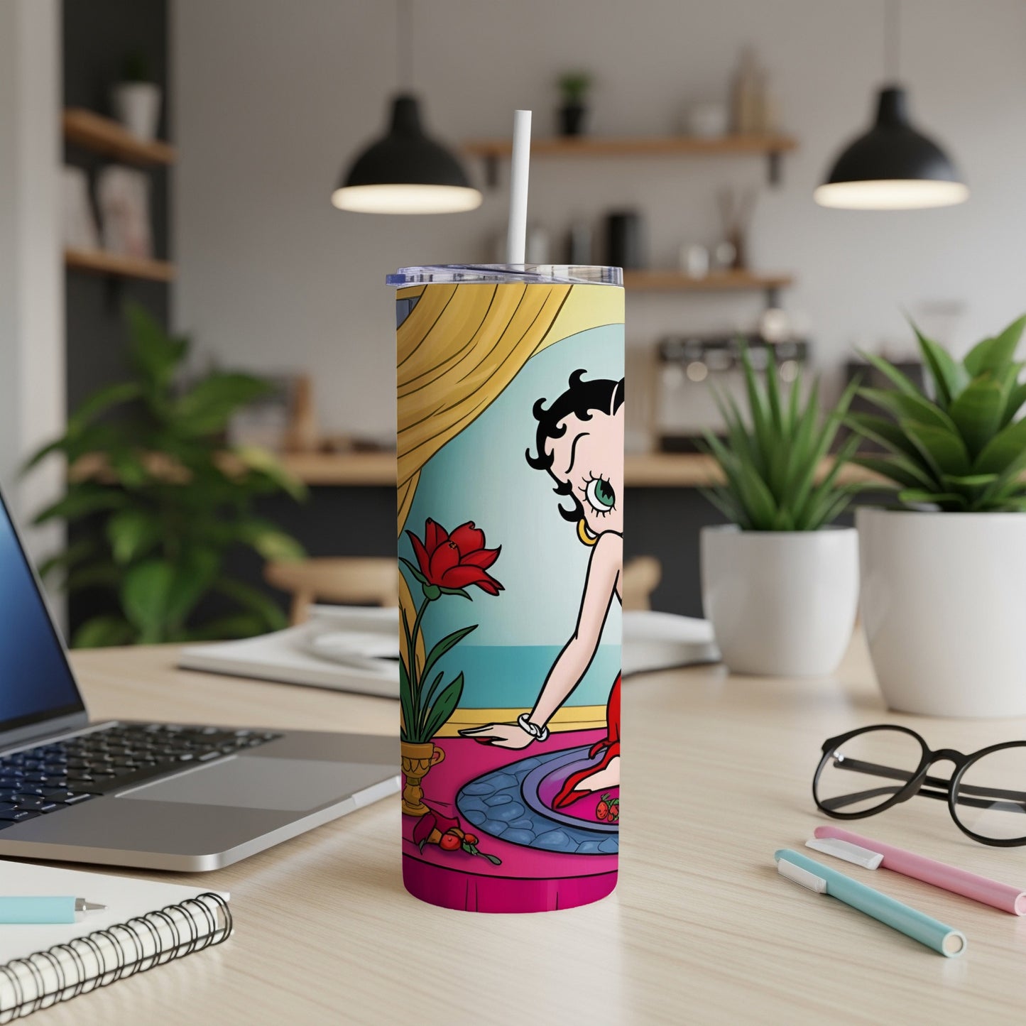 Betty Boop leaning on a countertop, with a red flower and striped background.