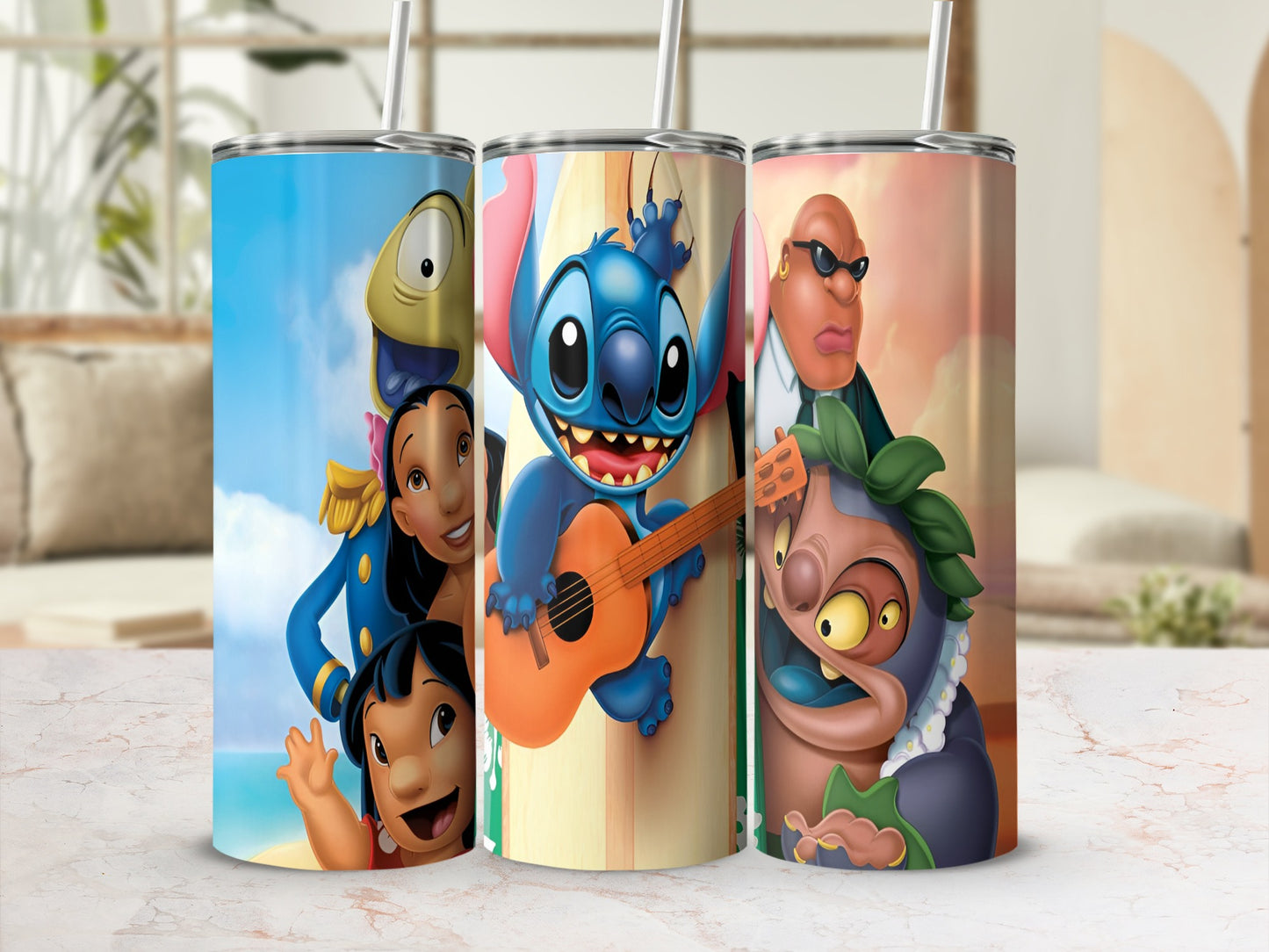 Lilo, Stitch, Jumba, and Pleakley characters on stainless steel tumblers.