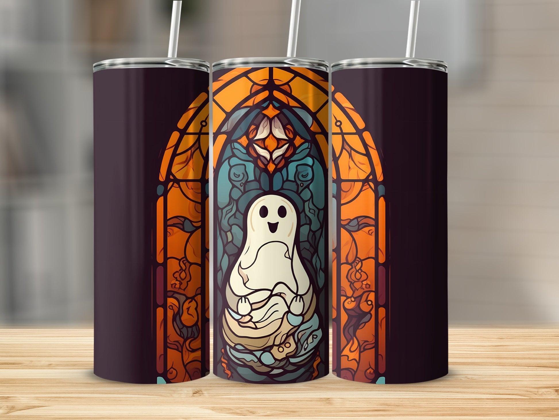 Ghost in stained glass design on a tumbler mockup.