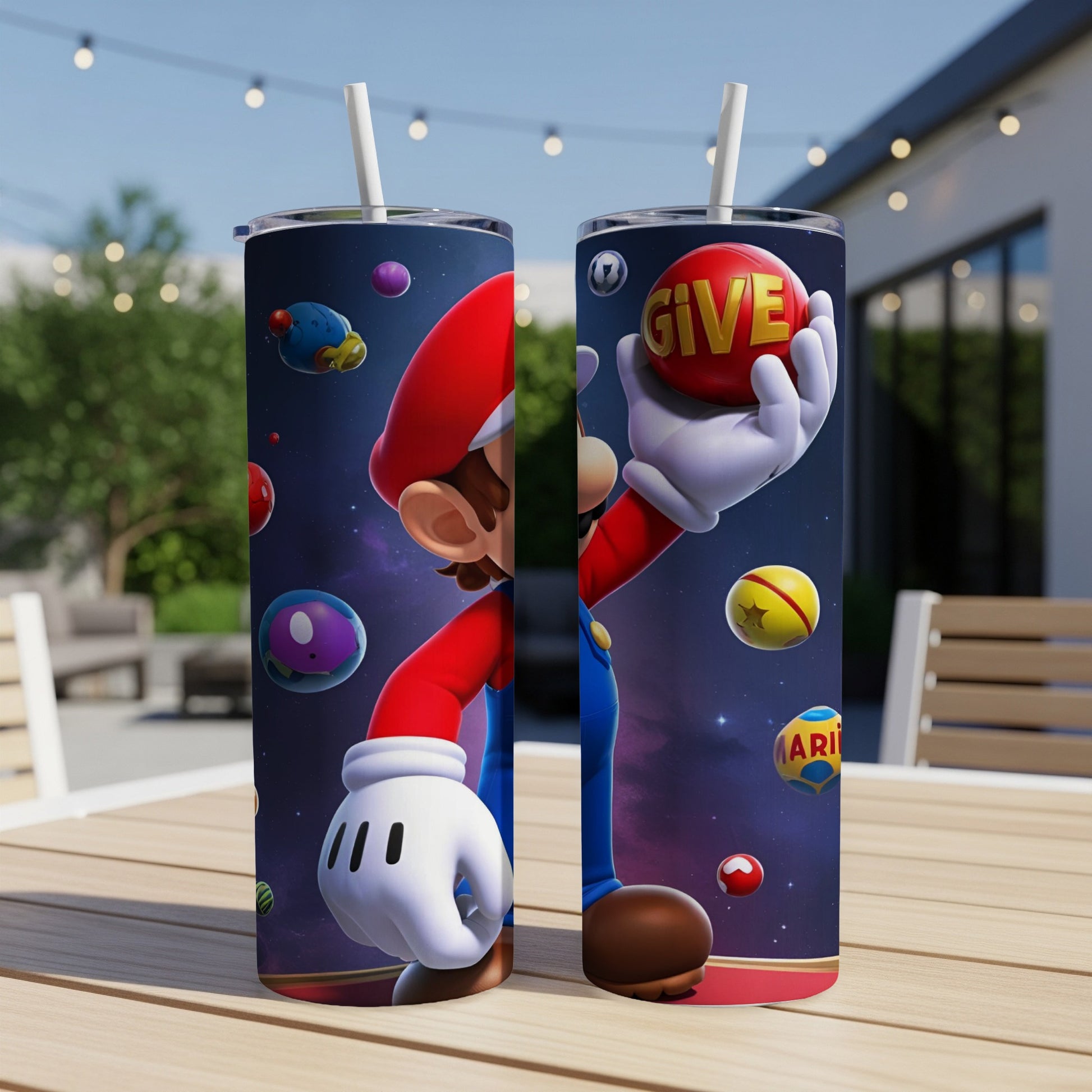 Mario holding a "GIVE" block in a starry, cosmic background.