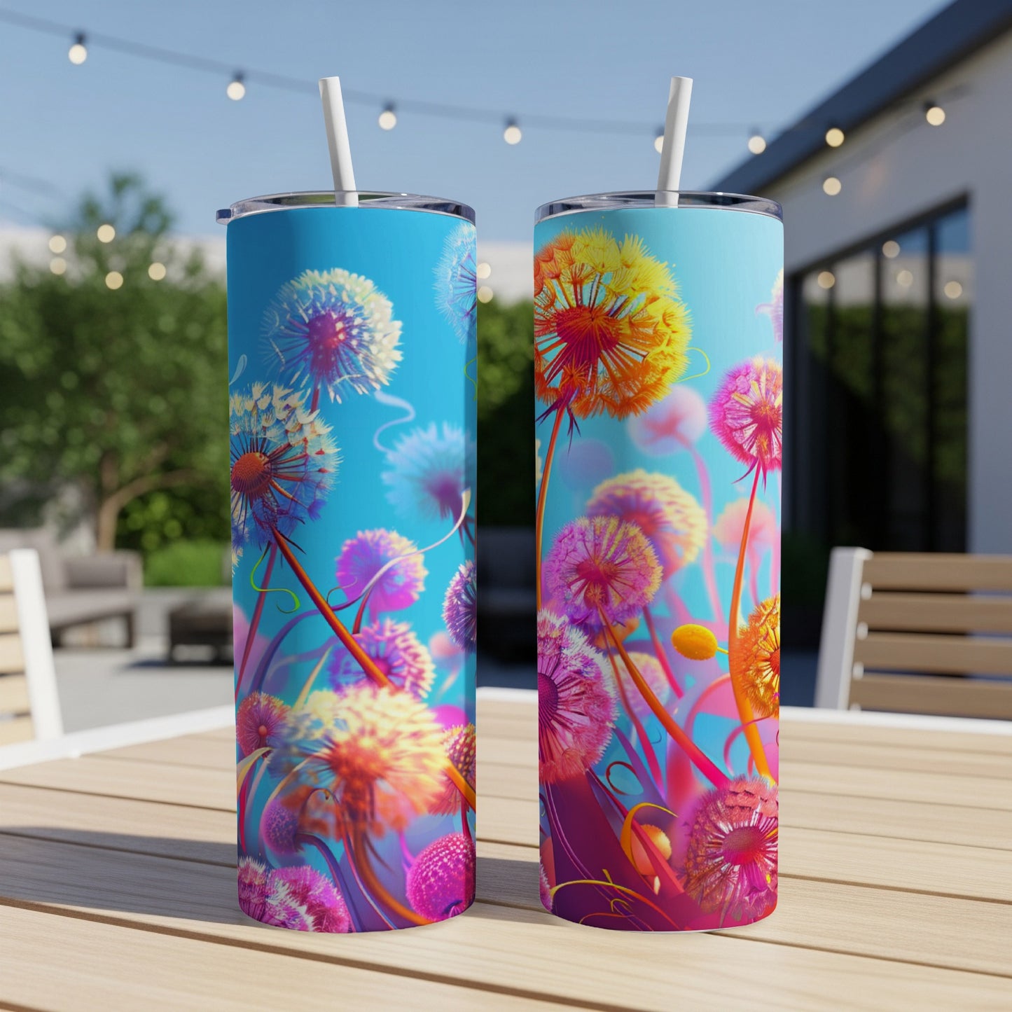 Two tall tumblers with dandelion print sit on a wooden table.